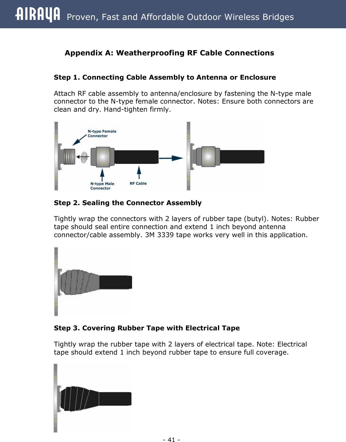 Airaya - 41 - Airaya  Proven, Fast and Affordable Outdoor Wireless Bridges  Appendix A: Weatherproofing RF Cable Connections  Step 1. Connecting Cable Assembly to Antenna or Enclosure  Attach RF cable assembly to antenna/enclosure by fastening the N-type male connector to the N-type female connector. Notes: Ensure both connectors are clean and dry. Hand-tighten firmly.    Step 2. Sealing the Connector Assembly  Tightly wrap the connectors with 2 layers of rubber tape (butyl). Notes: Rubber tape should seal entire connection and extend 1 inch beyond antenna connector/cable assembly. 3M 3339 tape works very well in this application.    Step 3. Covering Rubber Tape with Electrical Tape  Tightly wrap the rubber tape with 2 layers of electrical tape. Note: Electrical tape should extend 1 inch beyond rubber tape to ensure full coverage.   
