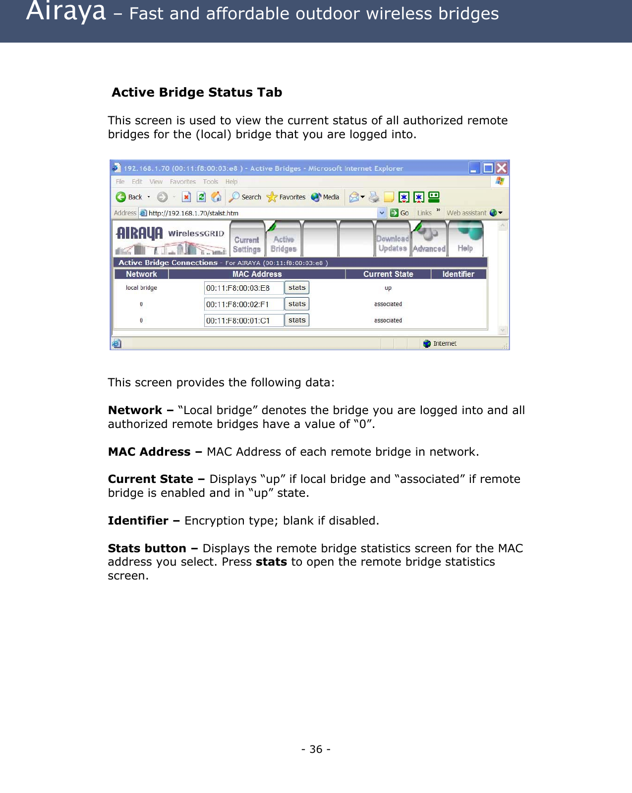  Airaya – Fast and affordable outdoor wireless bridges  Active Bridge Status Tab This screen is used to view the current status of all authorized remote bridges for the (local) bridge that you are logged into.                   This screen provides the following data:  Network – “Local bridge” denotes the bridge you are logged into and all authorized remote bridges have a value of “0”.  MAC Address – MAC Address of each remote bridge in network.  Current State – Displays “up” if local bridge and “associated” if remote bridge is enabled and in “up” state.  Identifier – Encryption type; blank if disabled.  Stats button – Displays the remote bridge statistics screen for the MAC address you select. Press stats to open the remote bridge statistics screen.        - 36 - 