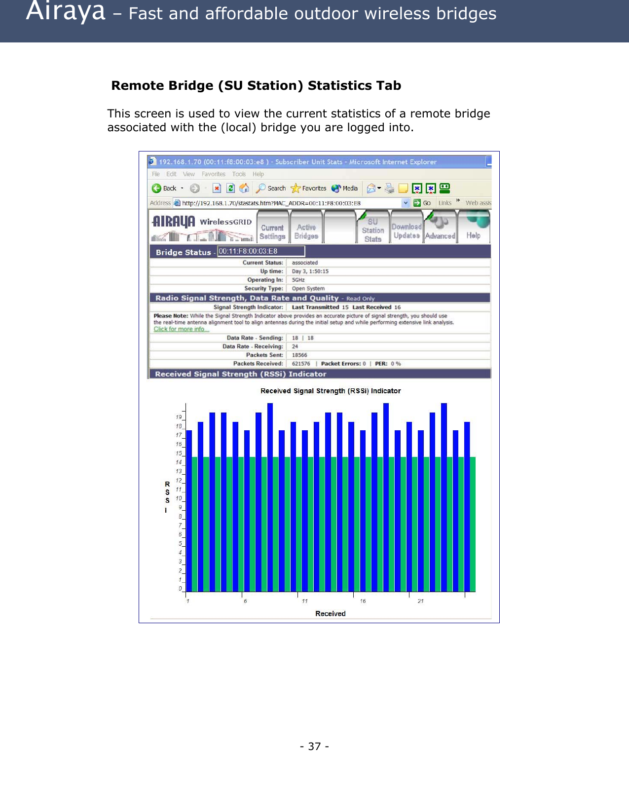  Airaya – Fast and affordable outdoor wireless bridges  Remote Bridge (SU Station) Statistics Tab This screen is used to view the current statistics of a remote bridge associated with the (local) bridge you are logged into.                          - 37 - 