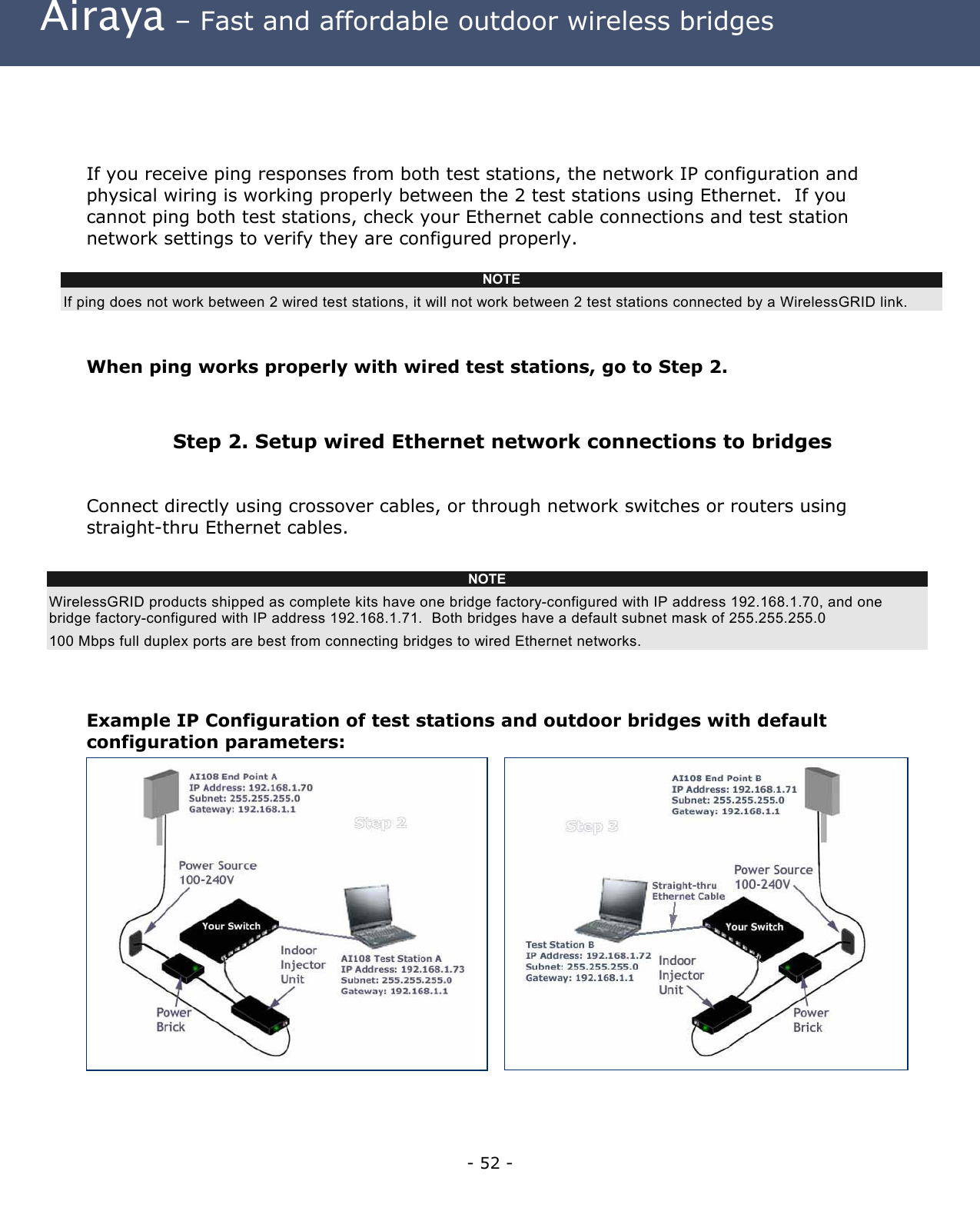  Airaya – Fast and affordable outdoor wireless bridges     If you receive ping responses from both test stations, the network IP configuration and physical wiring is working properly between the 2 test stations using Ethernet.  If you cannot ping both test stations, check your Ethernet cable connections and test station network settings to verify they are configured properly.          NOTE If ping does not work between 2 wired test stations, it will not work between 2 test stations connected by a WirelessGRID link.  When ping works properly with wired test stations, go to Step 2.   Step 2. Setup wired Ethernet network connections to bridges    Connect directly using crossover cables, or through network switches or routers using straight-thru Ethernet cables.        NOTE WirelessGRID products shipped as complete kits have one bridge factory-configured with IP address 192.168.1.70, and one bridge factory-configured with IP address 192.168.1.71.  Both bridges have a default subnet mask of 255.255.255.0 100 Mbps full duplex ports are best from connecting bridges to wired Ethernet networks.   Example IP Configuration of test stations and outdoor bridges with default configuration parameters:  - 52 - 