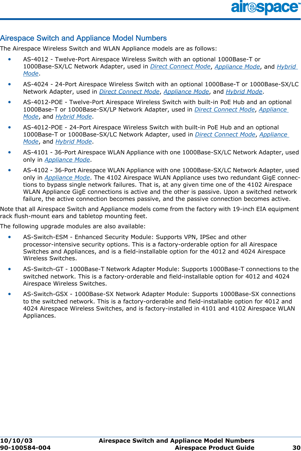 10/10/03 Airespace Switch and Appliance Model Numbers  90-100584-004 Airespace Product Guide 30Airespace Switch and Appliance Model NumbersAirespac e Switch and Appliance M odel NumbersThe Airespace Wireless Switch and WLAN Appliance models are as follows: •AS-4012 - Twelve-Port Airespace Wireless Switch with an optional 1000Base-T or 1000Base-SX/LC Network Adapter, used in Direct Connect Mode, Appliance Mode, and Hybrid Mode.•AS-4024 - 24-Port Airespace Wireless Switch with an optional 1000Base-T or 1000Base-SX/LC Network Adapter, used in Direct Connect Mode, Appliance Mode, and Hybrid Mode.•AS-4012-POE - Twelve-Port Airespace Wireless Switch with built-in PoE Hub and an optional 1000Base-T or 1000Base-SX/LP Network Adapter, used in Direct Connect Mode, Appliance Mode, and Hybrid Mode.•AS-4012-POE - 24-Port Airespace Wireless Switch with built-in PoE Hub and an optional 1000Base-T or 1000Base-SX/LC Network Adapter, used in Direct Connect Mode, Appliance Mode, and Hybrid Mode.•AS-4101 - 36-Port Airespace WLAN Appliance with one 1000Base-SX/LC Network Adapter, used only in Appliance Mode.•AS-4102 - 36-Port Airespace WLAN Appliance with one 1000Base-SX/LC Network Adapter, used only in Appliance Mode. The 4102 Airespace WLAN Appliance uses two redundant GigE connec-tions to bypass single network failures. That is, at any given time one of the 4102 Airespace WLAN Appliance GigE connections is active and the other is passive. Upon a switched network failure, the active connection becomes passive, and the passive connection becomes active.Note that all Airespace Switch and Appliance models come from the factory with 19-inch EIA equipment rack flush-mount ears and tabletop mounting feet.The following upgrade modules are also available:•AS-Switch-ESM - Enhanced Security Module: Supports VPN, IPSec and other processor-intensive security options. This is a factory-orderable option for all Airespace Switches and Appliances, and is a field-installable option for the 4012 and 4024 Airespace Wireless Switches.•AS-Switch-GT - 1000Base-T Network Adapter Module: Supports 1000Base-T connections to the switched network. This is a factory-orderable and field-installable option for 4012 and 4024 Airespace Wireless Switches.•AS-Switch-GSX - 1000Base-SX Network Adapter Module: Supports 1000Base-SX connections to the switched network. This is a factory-orderable and field-installable option for 4012 and 4024 Airespace Wireless Switches, and is factory-installed in 4101 and 4102 Airespace WLAN Appliances.