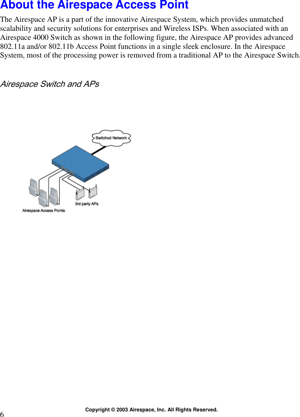  Copyright © 2003 Airespace, Inc. All Rights Reserved. 6  About the Airespace Access Point The Airespace AP is a part of the innovative Airespace System, which provides unmatched scalability and security solutions for enterprises and Wireless ISPs. When associated with an Airespace 4000 Switch as shown in the following figure, the Airespace AP provides advanced 802.11a and/or 802.11b Access Point functions in a single sleek enclosure. In the Airespace System, most of the processing power is removed from a traditional AP to the Airespace Switch.  Airespace Switch and APs    