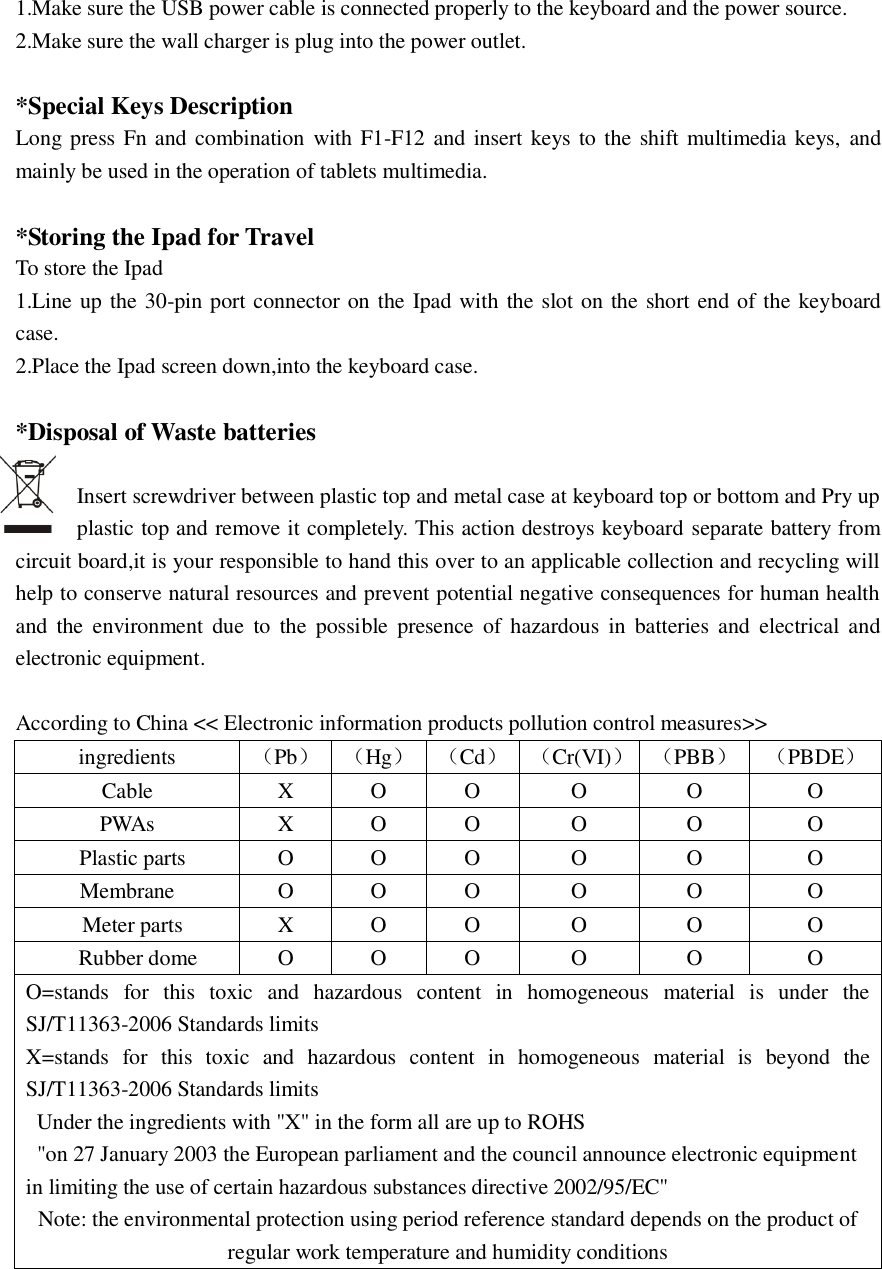  1.Make sure the USB power cable is connected properly to the keyboard and the power source. 2.Make sure the wall charger is plug into the power outlet.  *Special Keys Description Long press Fn and combination with F1-F12 and insert keys to the shift multimedia keys, and mainly be used in the operation of tablets multimedia.  *Storing the Ipad for Travel   To store the Ipad 1.Line up the 30-pin port connector on the Ipad with the slot on the short end of the keyboard case. 2.Place the Ipad screen down,into the keyboard case.  *Disposal of Waste batteries  Insert screwdriver between plastic top and metal case at keyboard top or bottom and Pry up plastic top and remove it completely. This action destroys keyboard separate battery from circuit board,it is your responsible to hand this over to an applicable collection and recycling will help to conserve natural resources and prevent potential negative consequences for human health and  the  environment  due  to  the  possible  presence  of  hazardous  in  batteries  and  electrical and electronic equipment.    According to China << Electronic information products pollution control measures>> ingredients （Pb） （Hg） （Cd） （Cr(VI)） （PBB） （PBDE） Cable X O O O O O PWAs X O O O O O   Plastic parts O O O O O O Membrane O O O O O O   Meter parts X O O O O O   Rubber dome O O O O O O O=stands  for  this  toxic  and  hazardous  content  in  homogeneous  material  is  under  the SJ/T11363-2006 Standards limits X=stands  for  this  toxic  and  hazardous  content  in  homogeneous  material  is  beyond  the SJ/T11363-2006 Standards limits   Under the ingredients with "X" in the form all are up to ROHS   "on 27 January 2003 the European parliament and the council announce electronic equipment in limiting the use of certain hazardous substances directive 2002/95/EC" Note: the environmental protection using period reference standard depends on the product of regular work temperature and humidity conditions  