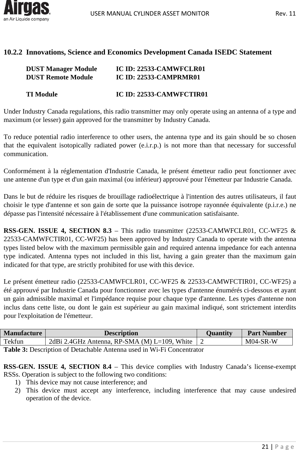  USER MANUAL CYLINDER ASSET MONITOR Rev. 11 21 | Page      10.2.2  Innovations, Science and Economics Development Canada ISEDC Statement   DUST Manager Module IC ID: 22533-CAMWFCLR01 DUST Remote Module   IC ID: 22533-CAMPRMR01  TI Module   IC ID: 22533-CAMWFCTIR01  Under Industry Canada regulations, this radio transmitter may only operate using an antenna of a type and maximum (or lesser) gain approved for the transmitter by Industry Canada.   To reduce potential radio interference to other users, the antenna type and its gain should be so chosen that the equivalent isotopically radiated power (e.i.r.p.) is not more than that necessary for successful communication.  Conformément à la réglementation d&apos;Industrie Canada, le présent émetteur radio peut fonctionner avec une antenne d&apos;un type et d&apos;un gain maximal (ou inférieur) approuvé pour l&apos;émetteur par Industrie Canada.   Dans le but de réduire les risques de brouillage radioélectrique à l&apos;intention des autres utilisateurs, il faut choisir le type d&apos;antenne et son gain de sorte que la puissance isotrope rayonnée équivalente (p.i.r.e.) ne dépasse pas l&apos;intensité nécessaire à l&apos;établissement d&apos;une communication satisfaisante.  RSS-GEN.  ISSUE 4, SECTION 8.3  –  This radio transmitter (22533-CAMWFCLR01, CC-WF25 &amp; 22533-CAMWFCTIR01, CC-WF25) has been approved by Industry Canada to operate with the antenna types listed below with the maximum permissible gain and required antenna impedance for each antenna type indicated. Antenna types not included in this list, having a gain greater than the maximum gain indicated for that type, are strictly prohibited for use with this device.  Le présent émetteur radio (22533-CAMWFCLR01, CC-WF25 &amp; 22533-CAMWFCTIR01, CC-WF25) a été approuvé par Industrie Canada pour fonctionner avec les types d&apos;antenne énumérés ci-dessous et ayant un gain admissible maximal et l&apos;impédance requise pour chaque type d&apos;antenne. Les types d&apos;antenne non inclus dans cette liste, ou dont le gain est supérieur au gain maximal indiqué, sont strictement interdits pour l&apos;exploitation de l&apos;émetteur.  Manufacture Description Quantity Part Number Tekfun 2dBi 2.4GHz Antenna, RP-SMA (M) L=109, White 2 M04-SR-W Table 3: Description of Detachable Antenna used in Wi-Fi Concentrator  RSS-GEN.  ISSUE 4, SECTION 8.4  –  This device complies with Industry Canada’s license-exempt RSSs. Operation is subject to the following two conditions:  1) This device may not cause interference; and  2) This device must accept any interference, including interference that may cause undesired operation of the device.      