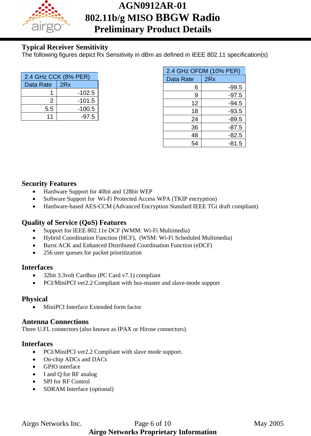AGN0912AR-01    802.11b/g MISO BBGW Radio Preliminary Product Details  Typical Receiver Sensitivity The following figures depict Rx Sensitivity in dBm as defined in IEEE 802.11 specification(s)  2.4 GHz CCK (8% PER) Data Rate  2Rx 1 -102.5 2 -101.5 5.5 -100.5 11 -97.5         2.4 GHz OFDM (10% PER) Data Rate  2Rx 6 -99.5 9 -97.5 12 -94.5 18 -93.5 24 -89.5 36 -87.5 48 -82.5 54 -81.5    Security Features • Hardware Support for 40bit and 128bit WEP • Software Support for  Wi-Fi Protected Access WPA (TKIP encryption) • Hardware-based AES-CCM (Advanced Encryption Standard IEEE TGi draft compliant)  Quality of Service (QoS) Features • Support for IEEE 802.11e DCF (WMM: Wi-Fi Multimedia) • Hybrid Coordination Function (HCF),  (WSM: Wi-Fi Scheduled Multimedia) • Burst ACK and Enhanced Distributed Coordination Function (eDCF) • 256 user queues for packet prioritization  Interfaces • 32bit 3.3volt Cardbus (PC Card v7.1) compliant • PCI/MiniPCI ver2.2 Compliant with bus-master and slave-mode support  Physical  • MiniPCI Interface Extended form factor  Antenna Connections Three U.FL connectors (also known as IPAX or Hirose connectors).  Interfaces • PCI/MiniPCI ver2.2 Compliant with slave mode support. • On-chip ADCs and DACs  • GPIO interface • I and Q for RF analog • SPI for RF Control • SDRAM Interface (optional)  Airgo Networks Inc.    Page 6 of 10  May 2005 Airgo Networks Proprietary Information 