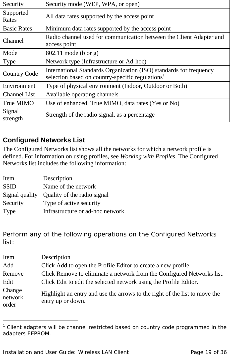 Security   Security mode (WEP, WPA, or open)  Supported Rates   All data rates supported by the access point  Basic Rates   Minimum data rates supported by the access point  Channel   Radio channel used for communication between the Client Adapter and access point  Mode   802.11 mode (b or g)  Type   Network type (Infrastructure or Ad-hoc)  Country Code   International Standards Organization (ISO) standards for frequency selection based on country-specific regulations1Environment   Type of physical environment (Indoor, Outdoor or Both)  Channel List   Available operating channels  True MIMO   Use of enhanced, True MIMO, data rates (Yes or No)  Signal strength   Strength of the radio signal, as a percentage   Configured Networks List  The Configured Networks list shows all the networks for which a network profile is defined. For information on using profiles, see Working with Profiles. The Configured Networks list includes the following information:    Item    Description  SSID   Name of the network  Signal quality   Quality of the radio signal  Security   Type of active security  Type   Infrastructure or ad-hoc network   Perform any of the following operations on the Configured Networks list:    Item    Description  Add   Click Add to open the Profile Editor to create a new profile.  Remove   Click Remove to eliminate a network from the Configured Networks list.  Edit   Click Edit to edit the selected network using the Profile Editor.  Change network order  Highlight an entry and use the arrows to the right of the list to move the entry up or down.                                      1 Client adapters will be channel restricted based on country code programmed in the adapters EEPROM. Installation and User Guide: Wireless LAN Client  Page 19 of 36 