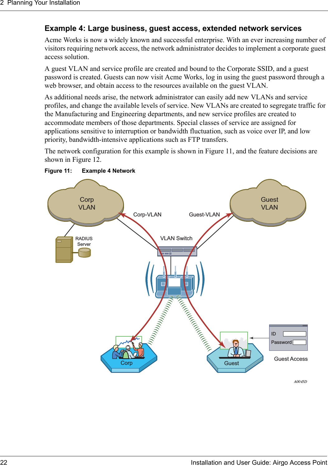 2 Planning Your Installation22 Installation and User Guide: Airgo Access PointExample 4: Large business, guest access, extended network servicesAcme Works is now a widely known and successful enterprise. With an ever increasing number of visitors requiring network access, the network administrator decides to implement a corporate guest access solution. A guest VLAN and service profile are created and bound to the Corporate SSID, and a guest password is created. Guests can now visit Acme Works, log in using the guest password through a web browser, and obtain access to the resources available on the guest VLAN.As additional needs arise, the network administrator can easily add new VLANs and service profiles, and change the available levels of service. New VLANs are created to segregate traffic for the Manufacturing and Engineering departments, and new service profiles are created to accommodate members of those departments. Special classes of service are assigned for applications sensitive to interruption or bandwidth fluctuation, such as voice over IP, and low priority, bandwidth-intensive applications such as FTP transfers.The network configuration for this example is shown in Figure 11, and the feature decisions are shown in Figure 12.Figure 11: Example 4 NetworkRADIUSServerA0045DCorpVLANCorp-VLANVLAN SwitchGuestVLANGuest-VLANCorp Guest AccessGuestIDPassword