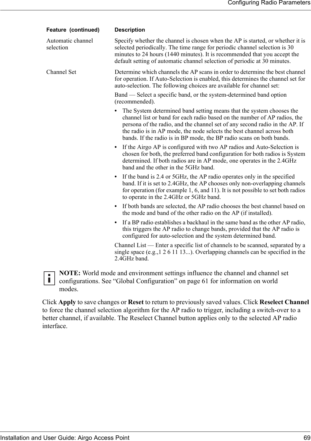 Configuring Radio ParametersInstallation and User Guide: Airgo Access Point 69Click Apply to save changes or Reset to return to previously saved values. Click Reselect Channel to force the channel selection algorithm for the AP radio to trigger, including a switch-over to a better channel, if available. The Reselect Channel button applies only to the selected AP radio interface.Automatic channel selectionSpecify whether the channel is chosen when the AP is started, or whether it is selected periodically. The time range for periodic channel selection is 30 minutes to 24 hours (1440 minutes). It is recommended that you accept the default setting of automatic channel selection of periodic at 30 minutes. Channel Set Determine which channels the AP scans in order to determine the best channel for operation. If Auto-Selection is enabled, this determines the channel set for auto-selection. The following choices are available for channel set:Band — Select a specific band, or the system-determined band option (recommended). •The System determined band setting means that the system chooses the channel list or band for each radio based on the number of AP radios, the persona of the radio, and the channel set of any second radio in the AP. If the radio is in AP mode, the node selects the best channel across both bands. If the radio is in BP mode, the BP radio scans on both bands.•If the Airgo AP is configured with two AP radios and Auto-Selection is chosen for both, the preferred band configuration for both radios is System determined. If both radios are in AP mode, one operates in the 2.4GHz band and the other in the 5GHz band.•If the band is 2.4 or 5GHz, the AP radio operates only in the specified band. If it is set to 2.4GHz, the AP chooses only non-overlapping channels for operation (for example 1, 6, and 11). It is not possible to set both radios to operate in the 2.4GHz or 5GHz band.•If both bands are selected, the AP radio chooses the best channel based on the mode and band of the other radio on the AP (if installed). •If a BP radio establishes a backhaul in the same band as the other AP radio, this triggers the AP radio to change bands, provided that the AP radio is configured for auto-selection and the system determined band.Channel List — Enter a specific list of channels to be scanned, separated by a single space (e.g.,1 2 6 11 13...). Overlapping channels can be specified in the 2.4GHz band.NOTE: World mode and environment settings influence the channel and channel set configurations. See “Global Configuration” on page 61 for information on world modes.Feature  (continued) Description