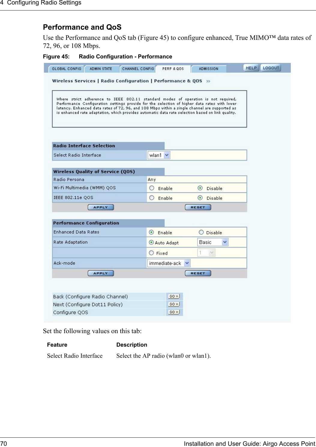 4 Configuring Radio Settings70 Installation and User Guide: Airgo Access PointPerformance and QoSUse the Performance and QoS tab (Figure 45) to configure enhanced, True MIMO™ data rates of 72, 96, or 108 Mbps.Figure 45: Radio Configuration - PerformanceSet the following values on this tab:Feature DescriptionSelect Radio Interface Select the AP radio (wlan0 or wlan1).