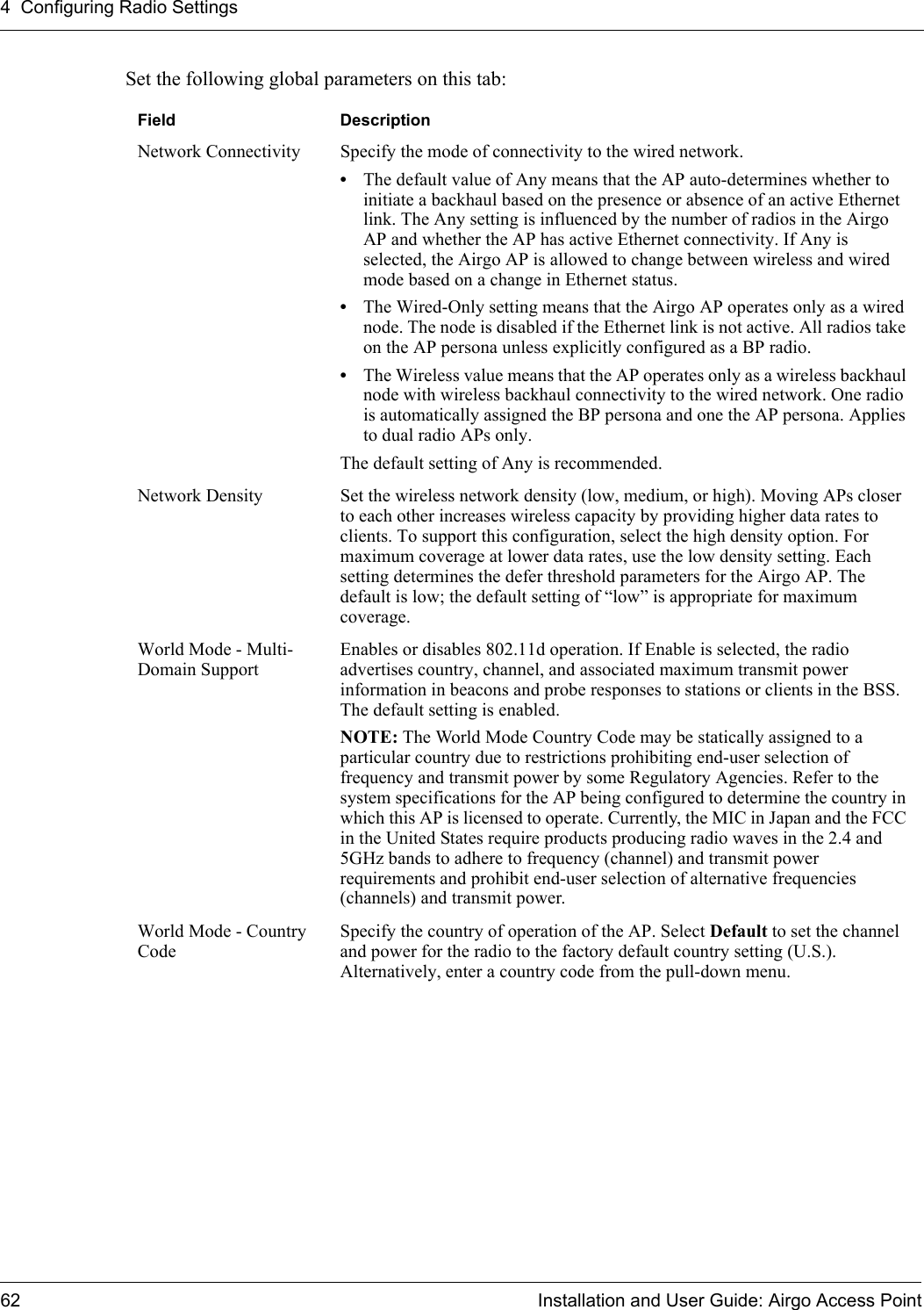 4 Configuring Radio Settings62 Installation and User Guide: Airgo Access PointSet the following global parameters on this tab:Field DescriptionNetwork Connectivity Specify the mode of connectivity to the wired network. •The default value of Any means that the AP auto-determines whether to initiate a backhaul based on the presence or absence of an active Ethernet link. The Any setting is influenced by the number of radios in the Airgo AP and whether the AP has active Ethernet connectivity. If Any is selected, the Airgo AP is allowed to change between wireless and wired mode based on a change in Ethernet status. •The Wired-Only setting means that the Airgo AP operates only as a wired node. The node is disabled if the Ethernet link is not active. All radios take on the AP persona unless explicitly configured as a BP radio. •The Wireless value means that the AP operates only as a wireless backhaul node with wireless backhaul connectivity to the wired network. One radio is automatically assigned the BP persona and one the AP persona. Applies to dual radio APs only.The default setting of Any is recommended. Network Density Set the wireless network density (low, medium, or high). Moving APs closer to each other increases wireless capacity by providing higher data rates to clients. To support this configuration, select the high density option. For maximum coverage at lower data rates, use the low density setting. Each setting determines the defer threshold parameters for the Airgo AP. The default is low; the default setting of “low” is appropriate for maximum coverage.World Mode - Multi-Domain SupportEnables or disables 802.11d operation. If Enable is selected, the radio advertises country, channel, and associated maximum transmit power information in beacons and probe responses to stations or clients in the BSS. The default setting is enabled.NOTE: The World Mode Country Code may be statically assigned to a particular country due to restrictions prohibiting end-user selection of frequency and transmit power by some Regulatory Agencies. Refer to the system specifications for the AP being configured to determine the country in which this AP is licensed to operate. Currently, the MIC in Japan and the FCC in the United States require products producing radio waves in the 2.4 and 5GHz bands to adhere to frequency (channel) and transmit power requirements and prohibit end-user selection of alternative frequencies (channels) and transmit power.World Mode - Country CodeSpecify the country of operation of the AP. Select Default to set the channel and power for the radio to the factory default country setting (U.S.). Alternatively, enter a country code from the pull-down menu.