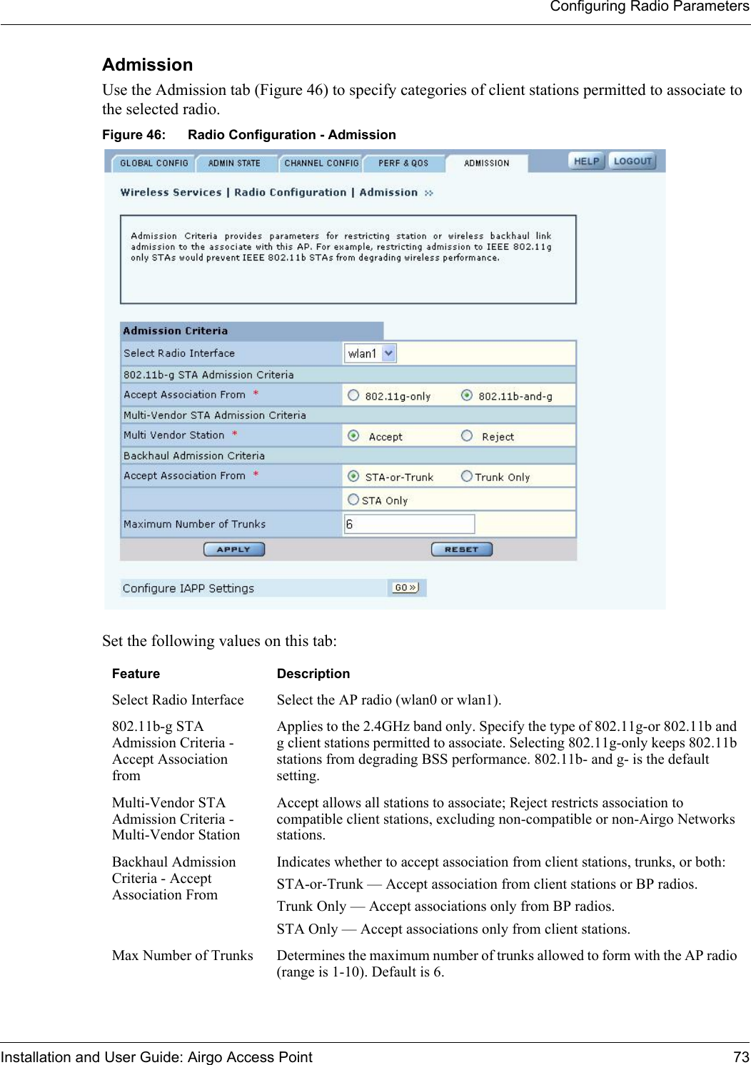 Configuring Radio ParametersInstallation and User Guide: Airgo Access Point 73Admission Use the Admission tab (Figure 46) to specify categories of client stations permitted to associate to the selected radio. Figure 46: Radio Configuration - AdmissionSet the following values on this tab:Feature DescriptionSelect Radio Interface Select the AP radio (wlan0 or wlan1).802.11b-g STA Admission Criteria - Accept Association fromApplies to the 2.4GHz band only. Specify the type of 802.11g-or 802.11b and g client stations permitted to associate. Selecting 802.11g-only keeps 802.11b stations from degrading BSS performance. 802.11b- and g- is the default setting.Multi-Vendor STA Admission Criteria - Multi-Vendor StationAccept allows all stations to associate; Reject restricts association to compatible client stations, excluding non-compatible or non-Airgo Networks stations. Backhaul Admission Criteria - Accept Association FromIndicates whether to accept association from client stations, trunks, or both: STA-or-Trunk — Accept association from client stations or BP radios.Trunk Only — Accept associations only from BP radios.STA Only — Accept associations only from client stations.Max Number of Trunks Determines the maximum number of trunks allowed to form with the AP radio (range is 1-10). Default is 6.