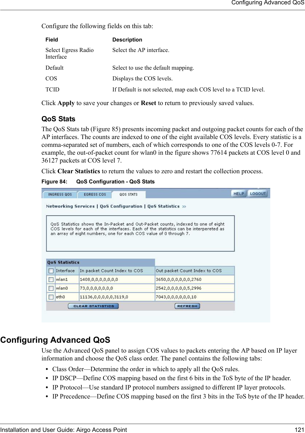 Configuring Advanced QoSInstallation and User Guide: Airgo Access Point 121Configure the following fields on this tab:Click Apply to save your changes or Reset to return to previously saved values.QoS StatsThe QoS Stats tab (Figure 85) presents incoming packet and outgoing packet counts for each of the AP interfaces. The counts are indexed to one of the eight available COS levels. Every statistic is a comma-separated set of numbers, each of which corresponds to one of the COS levels 0-7. For example, the out-of-packet count for wlan0 in the figure shows 77614 packets at COS level 0 and 36127 packets at COS level 7.Click Clear Statistics to return the values to zero and restart the collection process.Figure 84: QoS Configuration - QoS StatsConfiguring Advanced QoSUse the Advanced QoS panel to assign COS values to packets entering the AP based on IP layer information and choose the QoS class order. The panel contains the following tabs:•Class Order—Determine the order in which to apply all the QoS rules.•IP DSCP—Define COS mapping based on the first 6 bits in the ToS byte of the IP header. •IP Protocol—Use standard IP protocol numbers assigned to different IP layer protocols.•IP Precedence—Define COS mapping based on the first 3 bits in the ToS byte of the IP header.Field DescriptionSelect Egress Radio InterfaceSelect the AP interface.Default Select to use the default mapping.COS Displays the COS levels.TCID If Default is not selected, map each COS level to a TCID level.