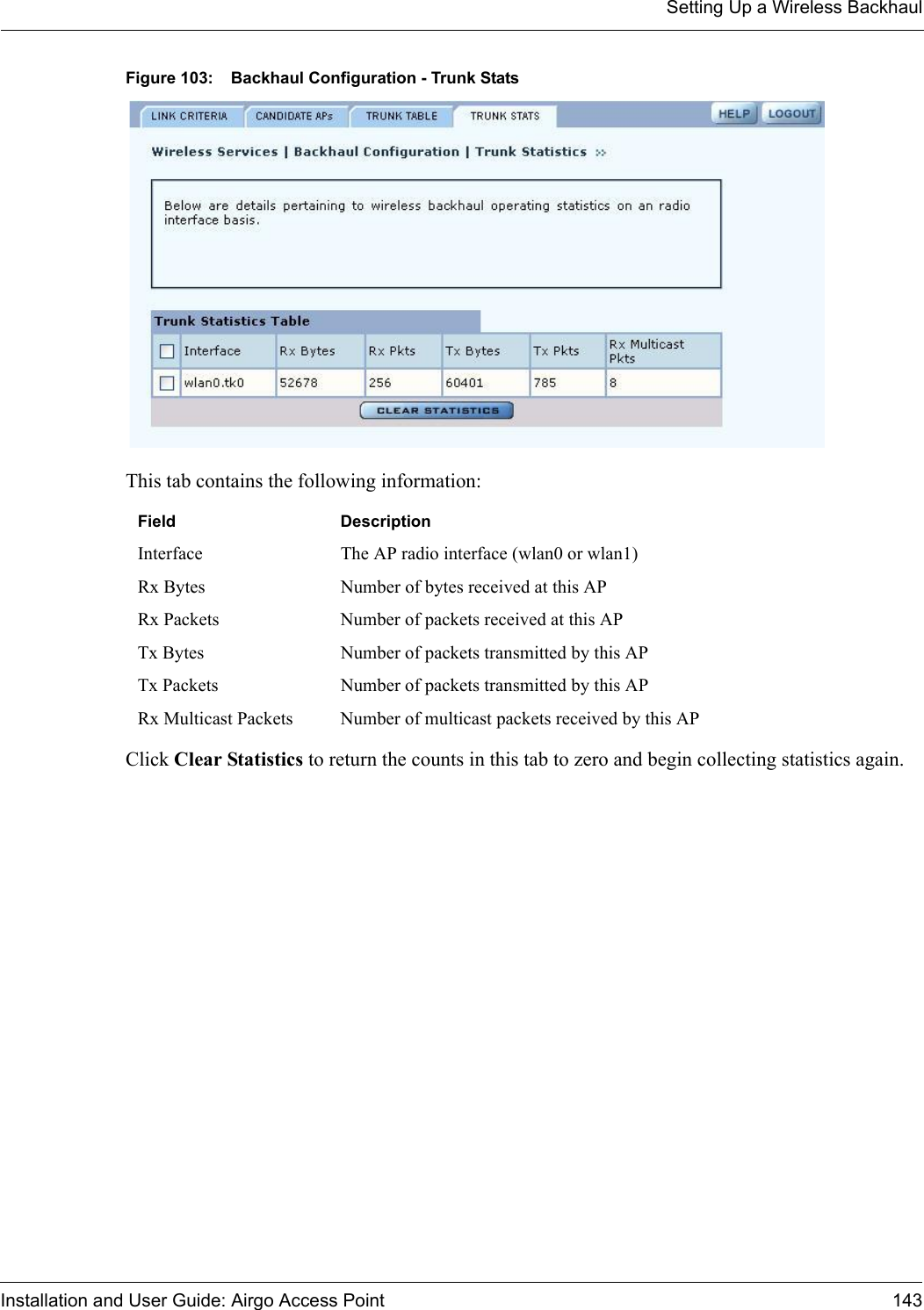 Setting Up a Wireless BackhaulInstallation and User Guide: Airgo Access Point 143Figure 103: Backhaul Configuration - Trunk StatsThis tab contains the following information:Click Clear Statistics to return the counts in this tab to zero and begin collecting statistics again.Field DescriptionInterface The AP radio interface (wlan0 or wlan1)Rx Bytes Number of bytes received at this APRx Packets Number of packets received at this APTx Bytes Number of packets transmitted by this APTx Packets Number of packets transmitted by this APRx Multicast Packets Number of multicast packets received by this AP