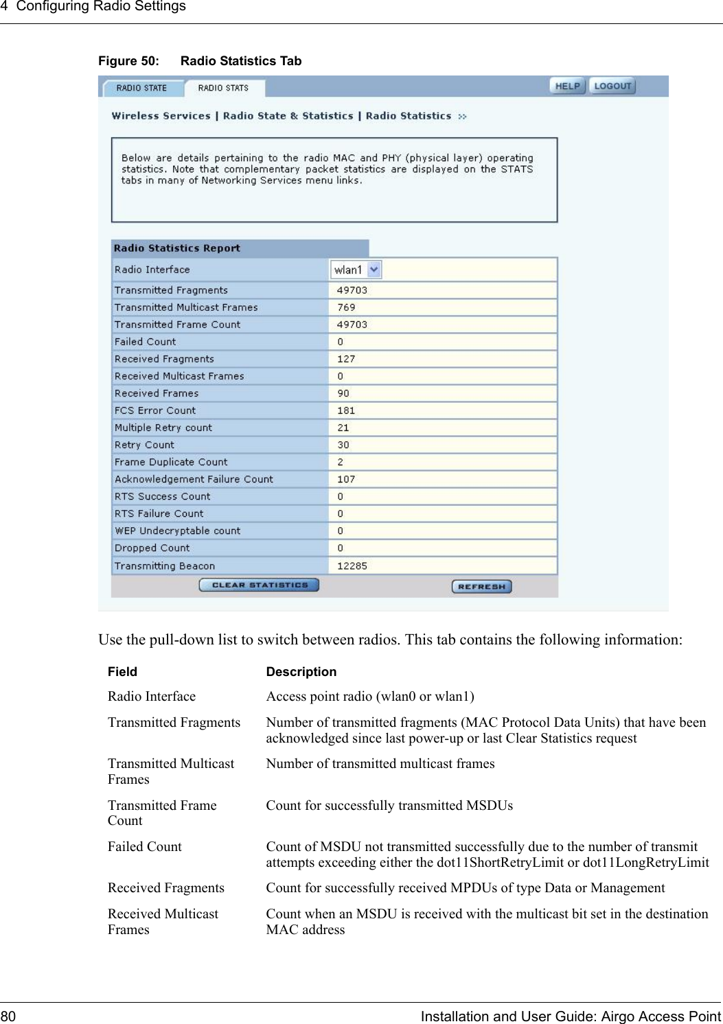 4 Configuring Radio Settings80 Installation and User Guide: Airgo Access PointFigure 50: Radio Statistics TabUse the pull-down list to switch between radios. This tab contains the following information:Field DescriptionRadio Interface Access point radio (wlan0 or wlan1)Transmitted Fragments Number of transmitted fragments (MAC Protocol Data Units) that have been acknowledged since last power-up or last Clear Statistics requestTransmitted Multicast FramesNumber of transmitted multicast framesTransmitted Frame CountCount for successfully transmitted MSDUsFailed Count Count of MSDU not transmitted successfully due to the number of transmit attempts exceeding either the dot11ShortRetryLimit or dot11LongRetryLimitReceived Fragments Count for successfully received MPDUs of type Data or ManagementReceived Multicast FramesCount when an MSDU is received with the multicast bit set in the destination MAC address