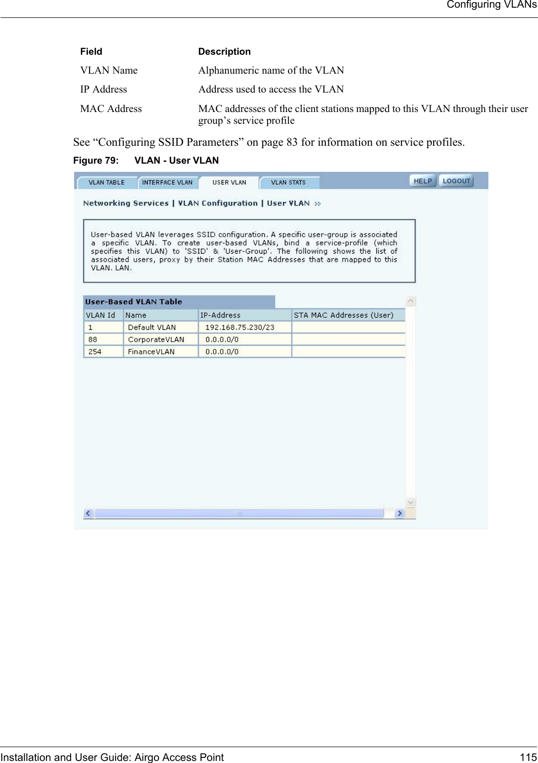 Configuring VLANsInstallation and User Guide: Airgo Access Point 115See “Configuring SSID Parameters” on page 83 for information on service profiles.Figure 79: VLAN - User VLANVLAN Name Alphanumeric name of the VLANIP Address Address used to access the VLANMAC Address MAC addresses of the client stations mapped to this VLAN through their user group’s service profileField Description