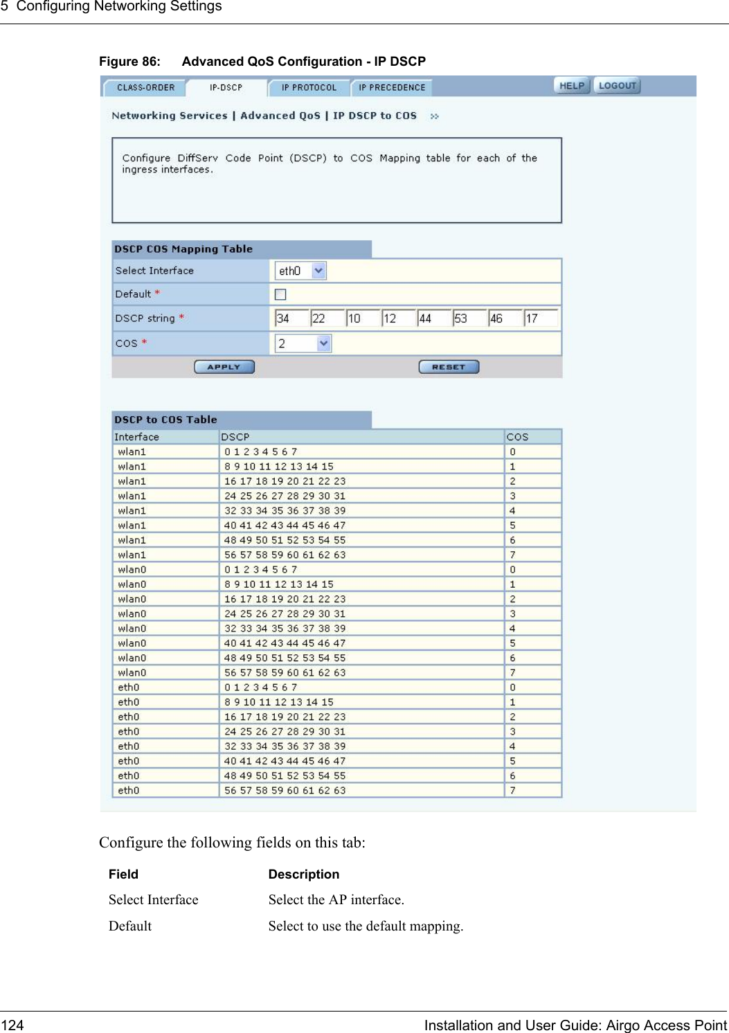 5 Configuring Networking Settings124 Installation and User Guide: Airgo Access PointFigure 86: Advanced QoS Configuration - IP DSCPConfigure the following fields on this tab:Field DescriptionSelect Interface Select the AP interface.Default Select to use the default mapping.