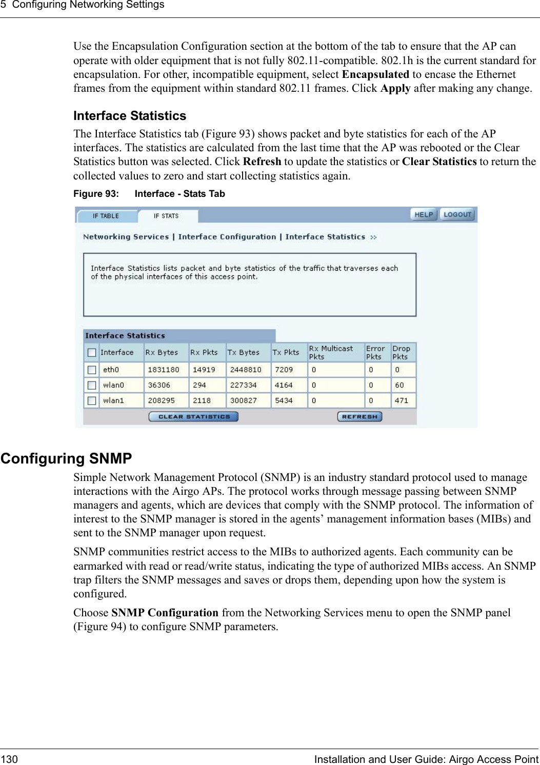 5 Configuring Networking Settings130 Installation and User Guide: Airgo Access PointUse the Encapsulation Configuration section at the bottom of the tab to ensure that the AP can operate with older equipment that is not fully 802.11-compatible. 802.1h is the current standard for encapsulation. For other, incompatible equipment, select Encapsulated to encase the Ethernet frames from the equipment within standard 802.11 frames. Click Apply after making any change.Interface Statistics The Interface Statistics tab (Figure 93) shows packet and byte statistics for each of the AP interfaces. The statistics are calculated from the last time that the AP was rebooted or the Clear Statistics button was selected. Click Refresh to update the statistics or Clear Statistics to return the collected values to zero and start collecting statistics again.Figure 93: Interface - Stats TabConfiguring SNMP Simple Network Management Protocol (SNMP) is an industry standard protocol used to manage interactions with the Airgo APs. The protocol works through message passing between SNMP managers and agents, which are devices that comply with the SNMP protocol. The information of interest to the SNMP manager is stored in the agents’ management information bases (MIBs) and sent to the SNMP manager upon request. SNMP communities restrict access to the MIBs to authorized agents. Each community can be earmarked with read or read/write status, indicating the type of authorized MIBs access. An SNMP trap filters the SNMP messages and saves or drops them, depending upon how the system is configured.Choose SNMP Configuration from the Networking Services menu to open the SNMP panel (Figure 94) to configure SNMP parameters.