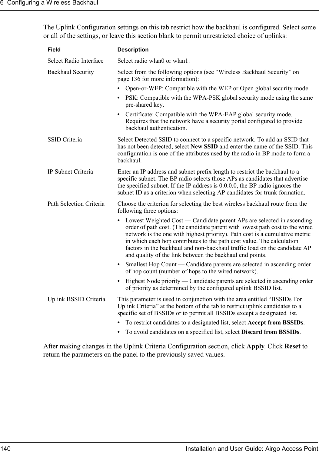 6 Configuring a Wireless Backhaul140 Installation and User Guide: Airgo Access PointThe Uplink Configuration settings on this tab restrict how the backhaul is configured. Select some or all of the settings, or leave this section blank to permit unrestricted choice of uplinks:After making changes in the Uplink Criteria Configuration section, click Apply. Click Reset to return the parameters on the panel to the previously saved values.Field DescriptionSelect Radio Interface Select radio wlan0 or wlan1.Backhaul Security Select from the following options (see “Wireless Backhaul Security” on page 136 for more information):•Open-or-WEP: Compatible with the WEP or Open global security mode.•PSK: Compatible with the WPA-PSK global security mode using the same pre-shared key.•Certificate: Compatible with the WPA-EAP global security mode. Requires that the network have a security portal configured to provide backhaul authentication.SSID Criteria Select Detected SSID to connect to a specific network. To add an SSID that has not been detected, select New SSID and enter the name of the SSID. This configuration is one of the attributes used by the radio in BP mode to form a backhaul.IP Subnet Criteria Enter an IP address and subnet prefix length to restrict the backhaul to a specific subnet. The BP radio selects those APs as candidates that advertise the specified subnet. If the IP address is 0.0.0.0, the BP radio ignores the subnet ID as a criterion when selecting AP candidates for trunk formation. Path Selection Criteria Choose the criterion for selecting the best wireless backhaul route from the following three options:•Lowest Weighted Cost — Candidate parent APs are selected in ascending order of path cost. (The candidate parent with lowest path cost to the wired network is the one with highest priority). Path cost is a cumulative metric in which each hop contributes to the path cost value. The calculation factors in the backhaul and non-backhaul traffic load on the candidate AP and quality of the link between the backhaul end points. •Smallest Hop Count — Candidate parents are selected in ascending order of hop count (number of hops to the wired network).•Highest Node priority — Candidate parents are selected in ascending order of priority as determined by the configured uplink BSSID list.Uplink BSSID Criteria This parameter is used in conjunction with the area entitled “BSSIDs For Uplink Criteria” at the bottom of the tab to restrict uplink candidates to a specific set of BSSIDs or to permit all BSSIDs except a designated list. •To restrict candidates to a designated list, select Accept from BSSIDs.•To avoid candidates on a specified list, select Discard from BSSIDs.