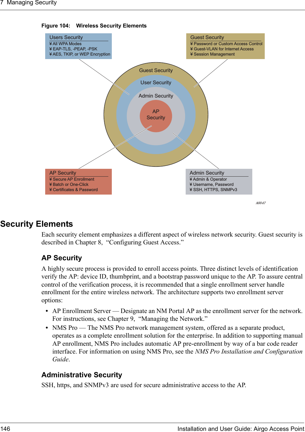 7 Managing Security146 Installation and User Guide: Airgo Access PointFigure 104: Wireless Security ElementsSecurity ElementsEach security element emphasizes a different aspect of wireless network security. Guest security is described in Chapter 8,  “Configuring Guest Access.”AP SecurityA highly secure process is provided to enroll access points. Three distinct levels of identification verify the AP: device ID, thumbprint, and a bootstrap password unique to the AP. To assure central control of the verification process, it is recommended that a single enrollment server handle enrollment for the entire wireless network. The architecture supports two enrollment server options:•AP Enrollment Server — Designate an NM Portal AP as the enrollment server for the network. For instructions, see Chapter 9,  “Managing the Network.”•NMS Pro — The NMS Pro network management system, offered as a separate product, operates as a complete enrollment solution for the enterprise. In addition to supporting manual AP enrollment, NMS Pro includes automatic AP pre-enrollment by way of a bar code reader interface. For information on using NMS Pro, see the NMS Pro Installation and Configuration Guide.Administrative SecuritySSH, https, and SNMPv3 are used for secure administrative access to the AP.Users Security¥ All WPA Modes¥ EAP-TLS, -PEAP, -PSK¥ AES, TKIP, or WEP EncryptionA0047AP Security¥ Secure AP Enrollment¥ Batch or One-Click¥ Certificates &amp; PasswordAdmin Security¥ Admin &amp; Operator¥ Username, Password¥ SSH, HTTPS, SNMPv3Guest Security¥ Password or Custom Access Control¥ Guest-VLAN for Internet Access¥ Session ManagementGuest SecurityUser SecurityAdmin SecurityAPSecurity