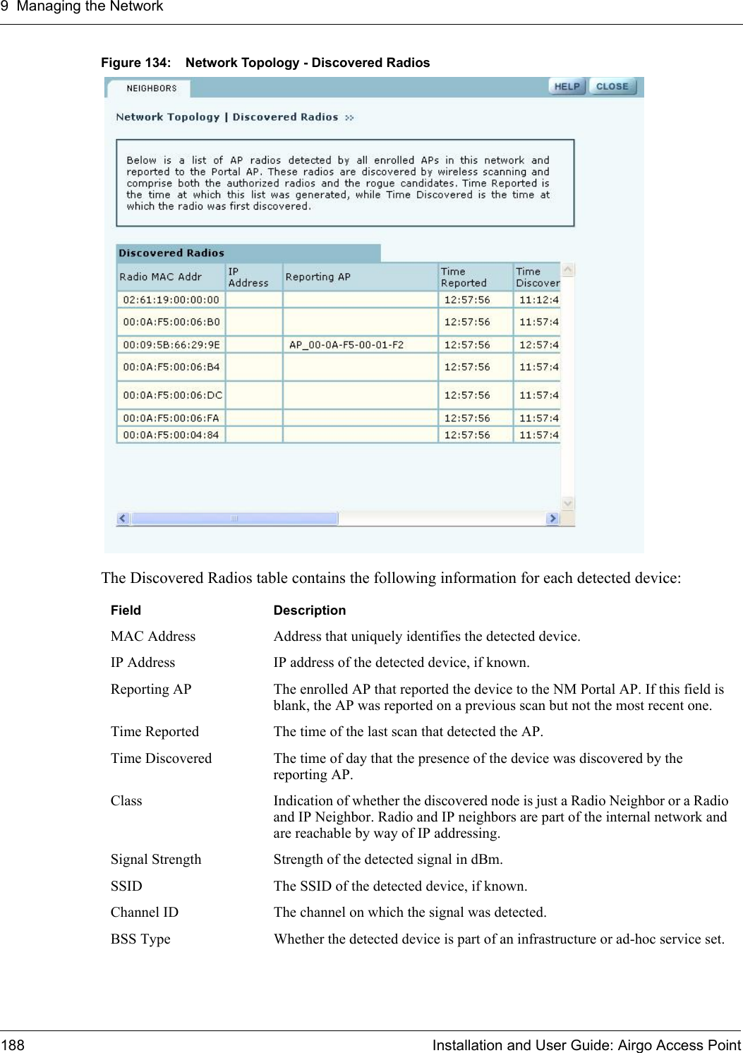 9 Managing the Network188 Installation and User Guide: Airgo Access PointFigure 134: Network Topology - Discovered RadiosThe Discovered Radios table contains the following information for each detected device:Field DescriptionMAC Address Address that uniquely identifies the detected device.IP Address IP address of the detected device, if known.Reporting AP The enrolled AP that reported the device to the NM Portal AP. If this field is blank, the AP was reported on a previous scan but not the most recent one.Time Reported The time of the last scan that detected the AP.Time Discovered The time of day that the presence of the device was discovered by the reporting AP.Class Indication of whether the discovered node is just a Radio Neighbor or a Radio and IP Neighbor. Radio and IP neighbors are part of the internal network and are reachable by way of IP addressing.Signal Strength Strength of the detected signal in dBm.SSID The SSID of the detected device, if known.Channel ID The channel on which the signal was detected.BSS Type Whether the detected device is part of an infrastructure or ad-hoc service set.