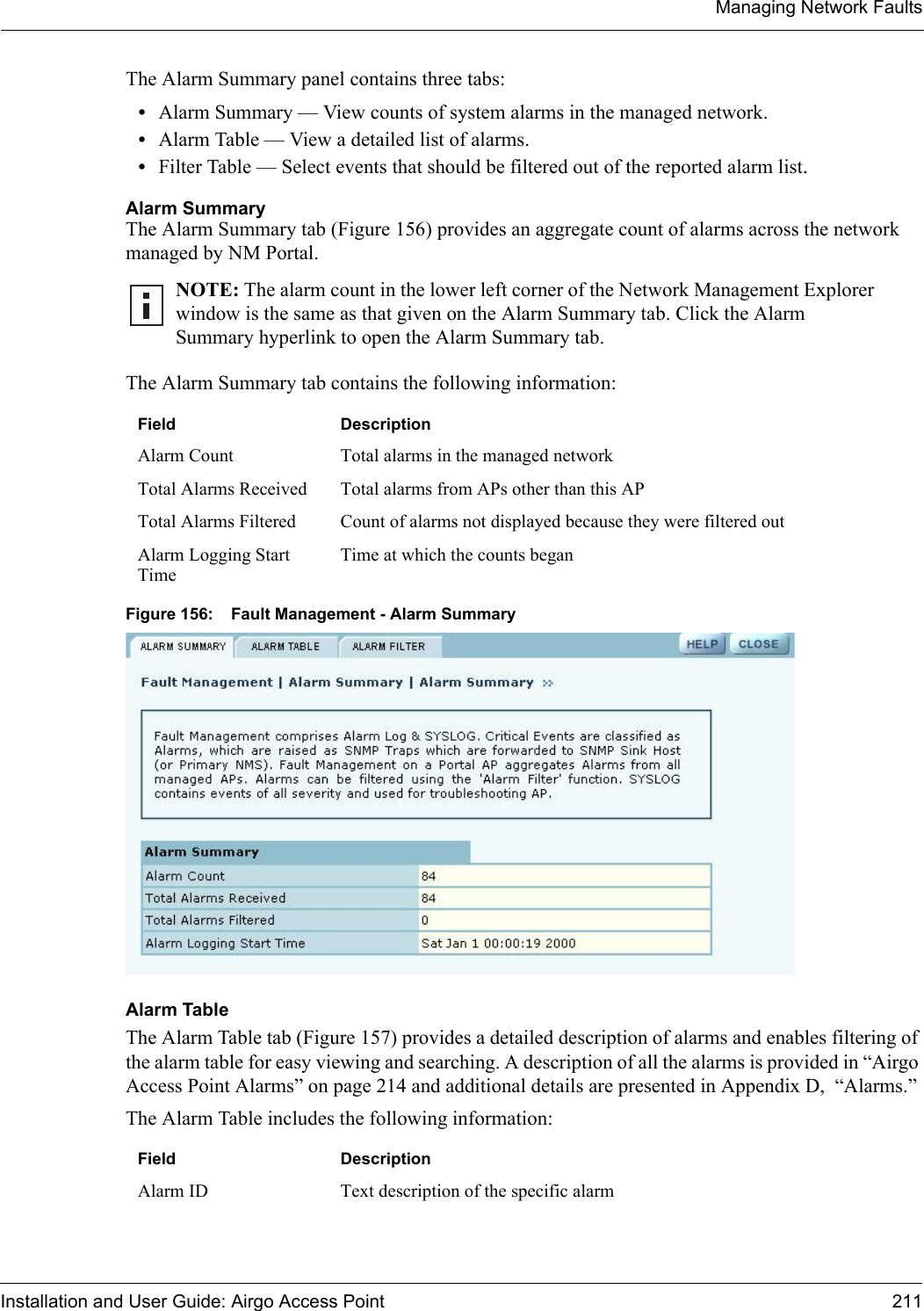 Managing Network FaultsInstallation and User Guide: Airgo Access Point 211The Alarm Summary panel contains three tabs:•Alarm Summary — View counts of system alarms in the managed network.•Alarm Table — View a detailed list of alarms.•Filter Table — Select events that should be filtered out of the reported alarm list.Alarm SummaryThe Alarm Summary tab (Figure 156) provides an aggregate count of alarms across the network managed by NM Portal. The Alarm Summary tab contains the following information:Figure 156: Fault Management - Alarm Summary Alarm TableThe Alarm Table tab (Figure 157) provides a detailed description of alarms and enables filtering of the alarm table for easy viewing and searching. A description of all the alarms is provided in “Airgo Access Point Alarms” on page 214 and additional details are presented in Appendix D,  “Alarms.”The Alarm Table includes the following information:NOTE: The alarm count in the lower left corner of the Network Management Explorer window is the same as that given on the Alarm Summary tab. Click the Alarm Summary hyperlink to open the Alarm Summary tab.Field DescriptionAlarm Count Total alarms in the managed networkTotal Alarms Received Total alarms from APs other than this APTotal Alarms Filtered Count of alarms not displayed because they were filtered outAlarm Logging Start TimeTime at which the counts beganField DescriptionAlarm ID Text description of the specific alarm