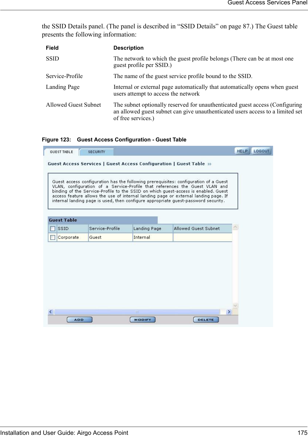 Guest Access Services PanelInstallation and User Guide: Airgo Access Point 175the SSID Details panel. (The panel is described in “SSID Details” on page 87.) The Guest table presents the following information:Figure 123: Guest Access Configuration - Guest TableField DescriptionSSID The network to which the guest profile belongs (There can be at most one guest profile per SSID.)Service-Profile The name of the guest service profile bound to the SSID.Landing Page Internal or external page automatically that automatically opens when guest users attempt to access the networkAllowed Guest Subnet The subnet optionally reserved for unauthenticated guest access (Configuring an allowed guest subnet can give unauthenticated users access to a limited set of free services.)