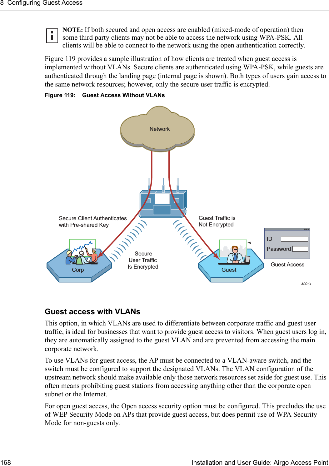 8 Configuring Guest Access168 Installation and User Guide: Airgo Access PointFigure 119 provides a sample illustration of how clients are treated when guest access is implemented without VLANs. Secure clients are authenticated using WPA-PSK, while guests are authenticated through the landing page (internal page is shown). Both types of users gain access to the same network resources; however, only the secure user traffic is encrypted.Figure 119: Guest Access Without VLANsGuest access with VLANsThis option, in which VLANs are used to differentiate between corporate traffic and guest user traffic, is ideal for businesses that want to provide guest access to visitors. When guest users log in, they are automatically assigned to the guest VLAN and are prevented from accessing the main corporate network. To use VLANs for guest access, the AP must be connected to a VLAN-aware switch, and the switch must be configured to support the designated VLANs. The VLAN configuration of the upstream network should make available only those network resources set aside for guest use. This often means prohibiting guest stations from accessing anything other than the corporate open subnet or the Internet.For open guest access, the Open access security option must be configured. This precludes the use of WEP Security Mode on APs that provide guest access, but does permit use of WPA Security Mode for non-guests only. NOTE: If both secured and open access are enabled (mixed-mode of operation) then some third party clients may not be able to access the network using WPA-PSK. All clients will be able to connect to the network using the open authentication correctly.IDPasswordNetworkCorp Guest AccessSecure     User Traffic  Is Encrypted Guest Traffic isNot EncryptedSecure Client Authenticateswith Pre-shared KeyA0064Guest