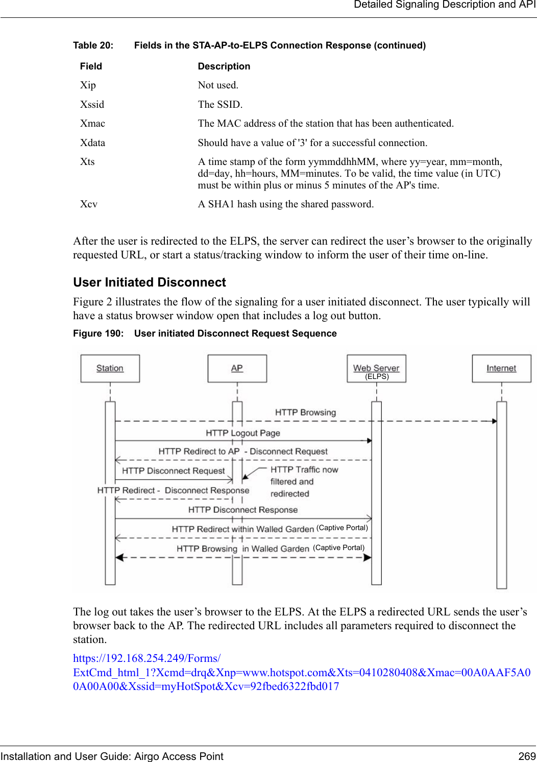 Detailed Signaling Description and APIInstallation and User Guide: Airgo Access Point 269After the user is redirected to the ELPS, the server can redirect the user’s browser to the originally requested URL, or start a status/tracking window to inform the user of their time on-line.User Initiated Disconnect Figure 2 illustrates the flow of the signaling for a user initiated disconnect. The user typically will have a status browser window open that includes a log out button. Figure 190: User initiated Disconnect Request SequenceThe log out takes the user’s browser to the ELPS. At the ELPS a redirected URL sends the user’s browser back to the AP. The redirected URL includes all parameters required to disconnect the station. https://192.168.254.249/Forms/ExtCmd_html_1?Xcmd=drq&amp;Xnp=www.hotspot.com&amp;Xts=0410280408&amp;Xmac=00A0AAF5A00A00A00&amp;Xssid=myHotSpot&amp;Xcv=92fbed6322fbd017 Xip Not used.Xssid The SSID.Xmac The MAC address of the station that has been authenticated. Xdata Should have a value of &apos;3&apos; for a successful connection. Xts A time stamp of the form yymmddhhMM, where yy=year, mm=month, dd=day, hh=hours, MM=minutes. To be valid, the time value (in UTC) must be within plus or minus 5 minutes of the AP&apos;s time.Xcv A SHA1 hash using the shared password.Table 20: Fields in the STA-AP-to-ELPS Connection Response (continued)Field Description(ELPS)(Captive Portal)(Captive Portal)