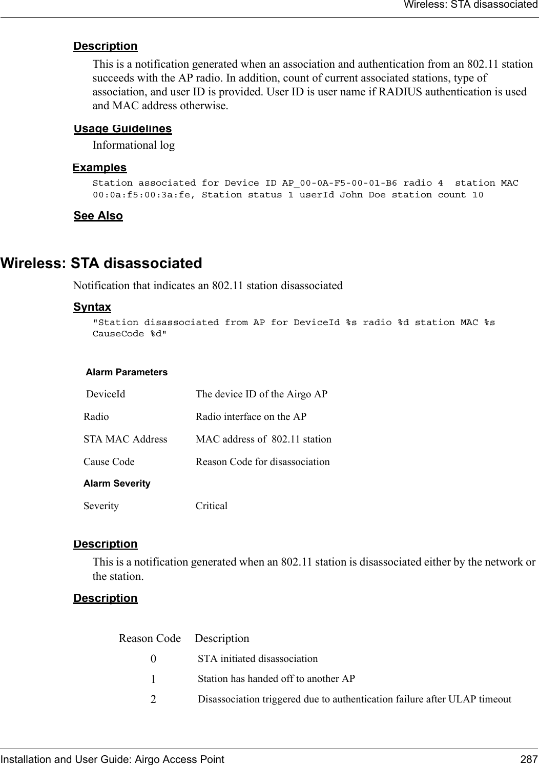 Wireless: STA disassociatedInstallation and User Guide: Airgo Access Point 287DescriptionThis is a notification generated when an association and authentication from an 802.11 station succeeds with the AP radio. In addition, count of current associated stations, type of association, and user ID is provided. User ID is user name if RADIUS authentication is used and MAC address otherwise.Usage GuidelinesInformational logExamplesStation associated for Device ID AP_00-0A-F5-00-01-B6 radio 4  station MAC 00:0a:f5:00:3a:fe, Station status 1 userId John Doe station count 10See AlsoWireless: STA disassociatedNotification that indicates an 802.11 station disassociatedSyntax&quot;Station disassociated from AP for DeviceId %s radio %d station MAC %s CauseCode %d&quot;DescriptionThis is a notification generated when an 802.11 station is disassociated either by the network or the station.DescriptionAlarm Parameters DeviceId The device ID of the Airgo APRadio Radio interface on the APSTA MAC Address MAC address of  802.11 stationCause Code Reason Code for disassociationAlarm SeveritySeverity CriticalReason Code Description0STA initiated disassociation1Station has handed off to another AP2Disassociation triggered due to authentication failure after ULAP timeout
