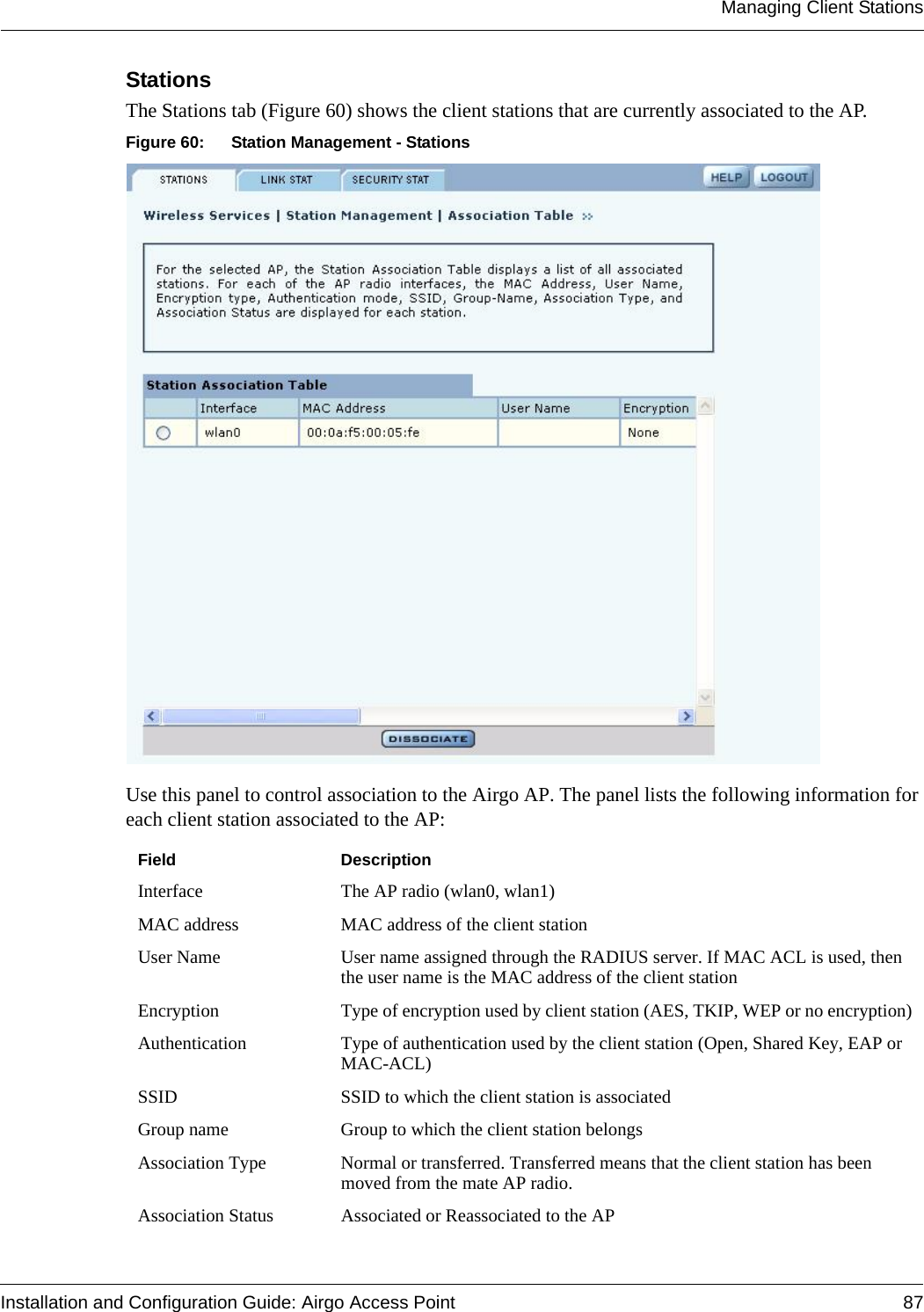 Managing Client StationsInstallation and Configuration Guide: Airgo Access Point 87Stations The Stations tab (Figure 60) shows the client stations that are currently associated to the AP.Figure 60: Station Management - StationsUse this panel to control association to the Airgo AP. The panel lists the following information for each client station associated to the AP:Field DescriptionInterface The AP radio (wlan0, wlan1)MAC address MAC address of the client stationUser Name User name assigned through the RADIUS server. If MAC ACL is used, then the user name is the MAC address of the client stationEncryption Type of encryption used by client station (AES, TKIP, WEP or no encryption)Authentication Type of authentication used by the client station (Open, Shared Key, EAP or MAC-ACL)SSID SSID to which the client station is associatedGroup name Group to which the client station belongsAssociation Type Normal or transferred. Transferred means that the client station has been moved from the mate AP radio.Association Status Associated or Reassociated to the AP