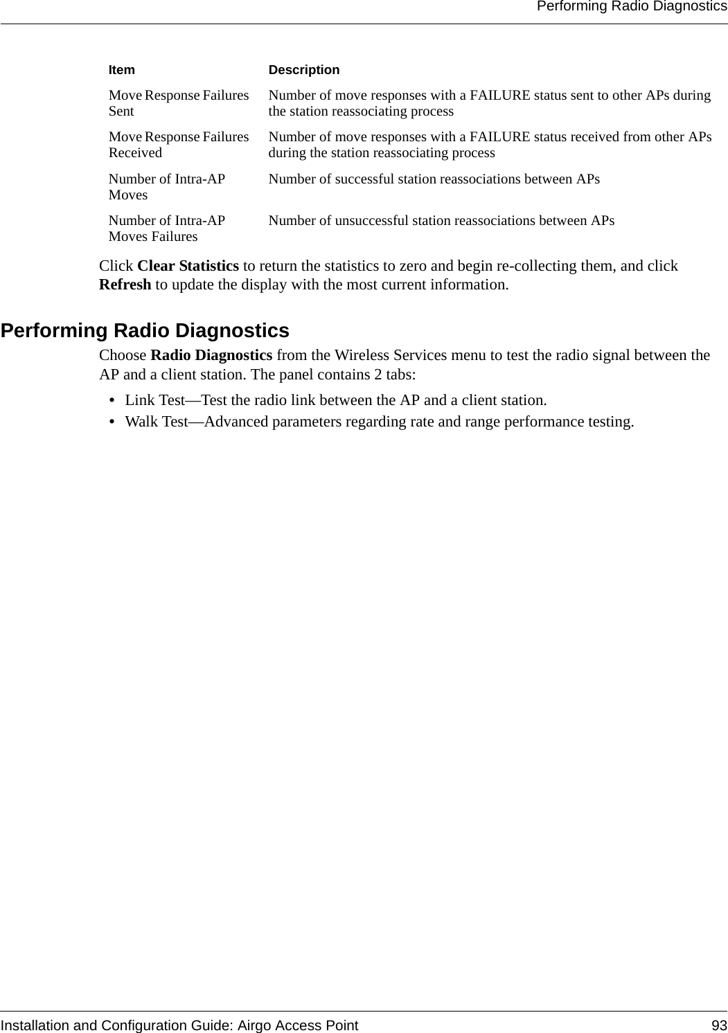 Performing Radio DiagnosticsInstallation and Configuration Guide: Airgo Access Point 93Click Clear Statistics to return the statistics to zero and begin re-collecting them, and click Refresh to update the display with the most current information.Performing Radio DiagnosticsChoose Radio Diagnostics from the Wireless Services menu to test the radio signal between the AP and a client station. The panel contains 2 tabs:•Link Test—Test the radio link between the AP and a client station. •Walk Test—Advanced parameters regarding rate and range performance testing.Move Response Failures Sent Number of move responses with a FAILURE status sent to other APs during the station reassociating processMove Response Failures Received Number of move responses with a FAILURE status received from other APs during the station reassociating processNumber of Intra-AP Moves Number of successful station reassociations between APsNumber of Intra-AP Moves Failures Number of unsuccessful station reassociations between APsItem Description