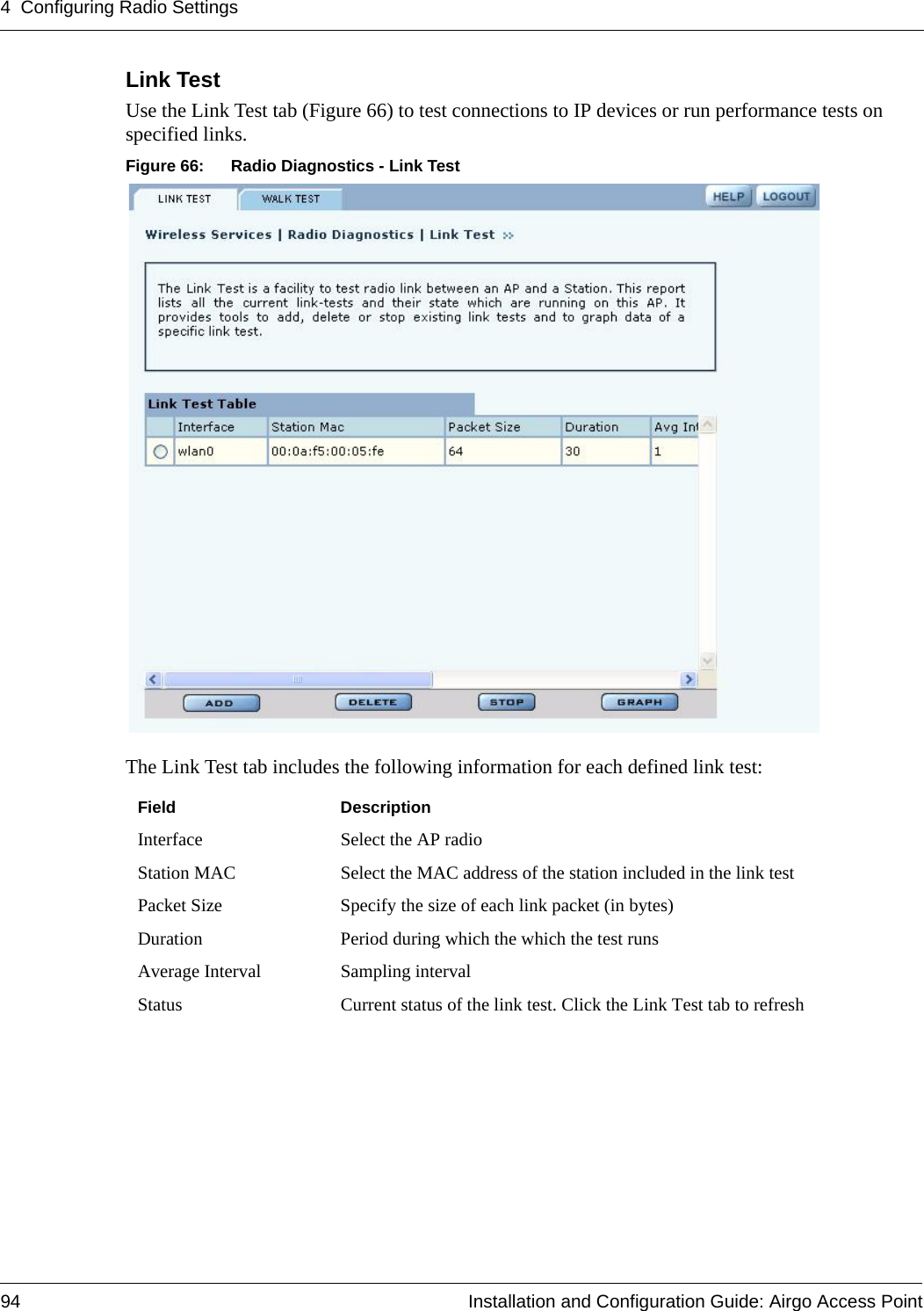 4 Configuring Radio Settings94 Installation and Configuration Guide: Airgo Access PointLink Test Use the Link Test tab (Figure 66) to test connections to IP devices or run performance tests on specified links.Figure 66: Radio Diagnostics - Link TestThe Link Test tab includes the following information for each defined link test:Field DescriptionInterface Select the AP radioStation MAC Select the MAC address of the station included in the link testPacket Size Specify the size of each link packet (in bytes)Duration Period during which the which the test runsAverage Interval Sampling intervalStatus Current status of the link test. Click the Link Test tab to refresh