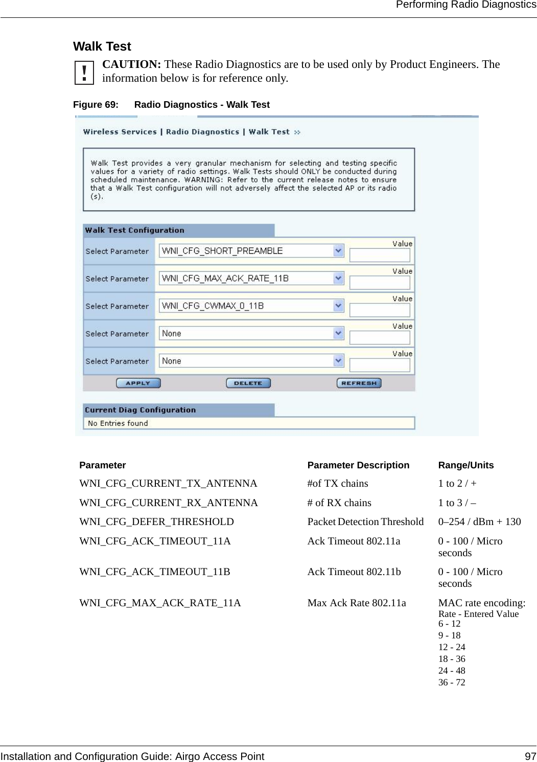 Performing Radio DiagnosticsInstallation and Configuration Guide: Airgo Access Point 97Walk Test Figure 69: Radio Diagnostics - Walk TestCAUTION: These Radio Diagnostics are to be used only by Product Engineers. The information below is for reference only.Parameter Parameter Description Range/UnitsWNI_CFG_CURRENT_TX_ANTENNA  #of TX chains  1 to 2 / +WNI_CFG_CURRENT_RX_ANTENNA  # of RX chains  1 to 3 / –WNI_CFG_DEFER_THRESHOLD Packet Detection Threshold  0–254 / dBm + 130WNI_CFG_ACK_TIMEOUT_11A  Ack Timeout 802.11a  0 - 100 / Micro secondsWNI_CFG_ACK_TIMEOUT_11B  Ack Timeout 802.11b  0 - 100 / Micro secondsWNI_CFG_MAX_ACK_RATE_11A  Max Ack Rate 802.11a  MAC rate encoding:Rate - Entered Value6 - 129 - 1812 - 2418 - 3624 - 4836 - 72