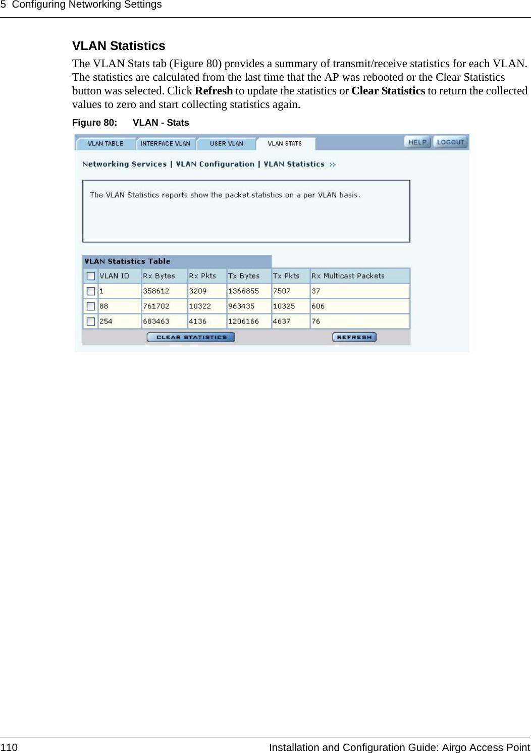 5 Configuring Networking Settings110 Installation and Configuration Guide: Airgo Access PointVLAN Statistics The VLAN Stats tab (Figure 80) provides a summary of transmit/receive statistics for each VLAN. The statistics are calculated from the last time that the AP was rebooted or the Clear Statistics button was selected. Click Refresh to update the statistics or Clear Statistics to return the collected values to zero and start collecting statistics again.Figure 80: VLAN - Stats 