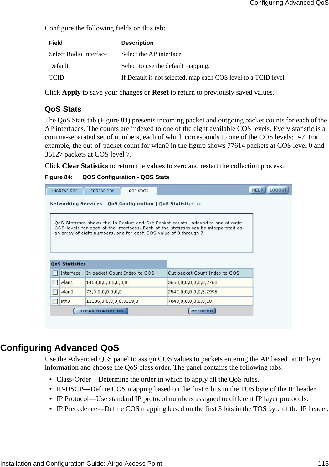 Configuring Advanced QoSInstallation and Configuration Guide: Airgo Access Point 115Configure the following fields on this tab:Click Apply to save your changes or Reset to return to previously saved values.QoS StatsThe QoS Stats tab (Figure 84) presents incoming packet and outgoing packet counts for each of the AP interfaces. The counts are indexed to one of the eight available COS levels. Every statistic is a comma-separated set of numbers, each of which corresponds to one of the COS levels: 0-7. For example, the out-of-packet count for wlan0 in the figure shows 77614 packets at COS level 0 and 36127 packets at COS level 7.Click Clear Statistics to return the values to zero and restart the collection process.Figure 84: QOS Configuration - QOS StatsConfiguring Advanced QoSUse the Advanced QoS panel to assign COS values to packets entering the AP based on IP layer information and choose the QoS class order. The panel contains the following tabs:•Class-Order—Determine the order in which to apply all the QoS rules.•IP-DSCP—Define COS mapping based on the first 6 bits in the TOS byte of the IP header. •IP Protocol—Use standard IP protocol numbers assigned to different IP layer protocols.•IP Precedence—Define COS mapping based on the first 3 bits in the TOS byte of the IP header.Field DescriptionSelect Radio Interface Select the AP interface.Default Select to use the default mapping.TCID If Default is not selected, map each COS level to a TCID level.