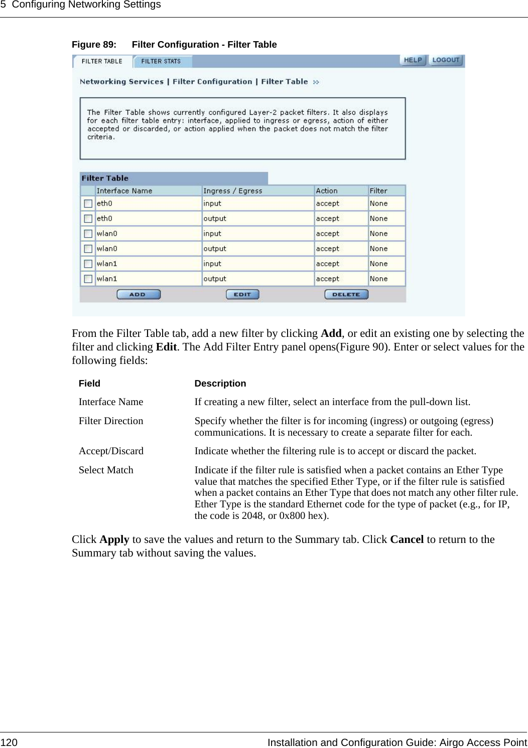 5 Configuring Networking Settings120 Installation and Configuration Guide: Airgo Access PointFigure 89: Filter Configuration - Filter TableFrom the Filter Table tab, add a new filter by clicking Add, or edit an existing one by selecting the filter and clicking Edit. The Add Filter Entry panel opens(Figure 90). Enter or select values for the following fields:Click Apply to save the values and return to the Summary tab. Click Cancel to return to the Summary tab without saving the values.Field DescriptionInterface Name If creating a new filter, select an interface from the pull-down list.Filter Direction Specify whether the filter is for incoming (ingress) or outgoing (egress) communications. It is necessary to create a separate filter for each.Accept/Discard Indicate whether the filtering rule is to accept or discard the packet. Select Match Indicate if the filter rule is satisfied when a packet contains an Ether Type value that matches the specified Ether Type, or if the filter rule is satisfied when a packet contains an Ether Type that does not match any other filter rule. Ether Type is the standard Ethernet code for the type of packet (e.g., for IP, the code is 2048, or 0x800 hex).