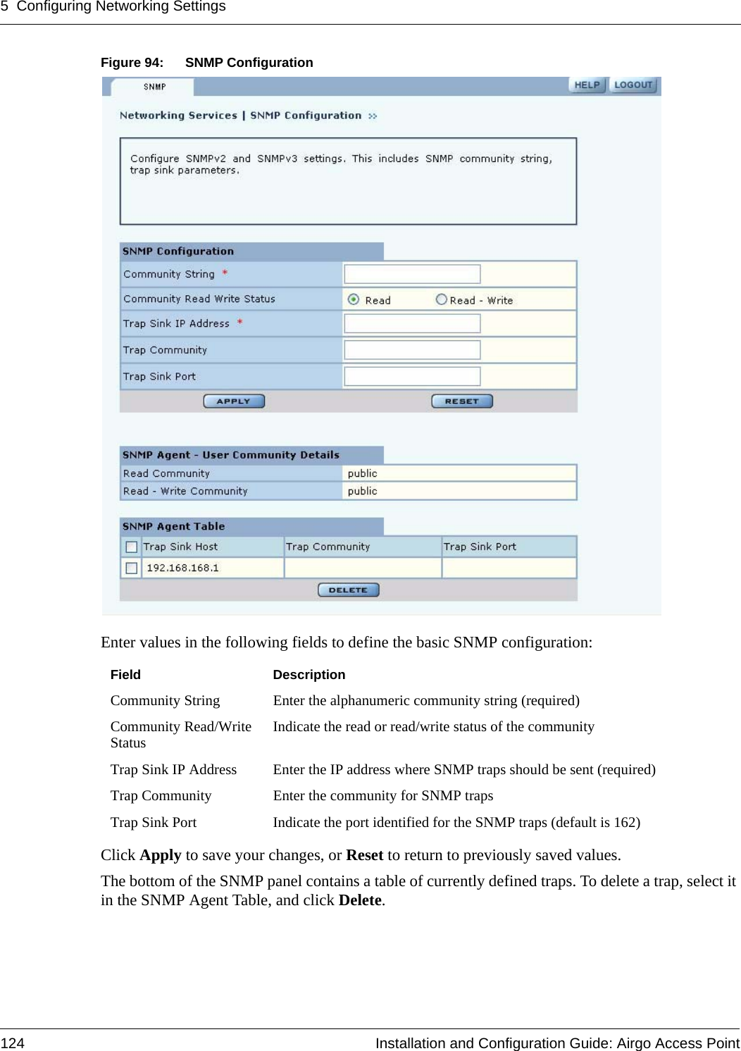 5 Configuring Networking Settings124 Installation and Configuration Guide: Airgo Access PointFigure 94: SNMP ConfigurationEnter values in the following fields to define the basic SNMP configuration:Click Apply to save your changes, or Reset to return to previously saved values.The bottom of the SNMP panel contains a table of currently defined traps. To delete a trap, select it in the SNMP Agent Table, and click Delete.Field DescriptionCommunity String Enter the alphanumeric community string (required)Community Read/Write Status Indicate the read or read/write status of the communityTrap Sink IP Address Enter the IP address where SNMP traps should be sent (required)Trap Community Enter the community for SNMP trapsTrap Sink Port Indicate the port identified for the SNMP traps (default is 162)