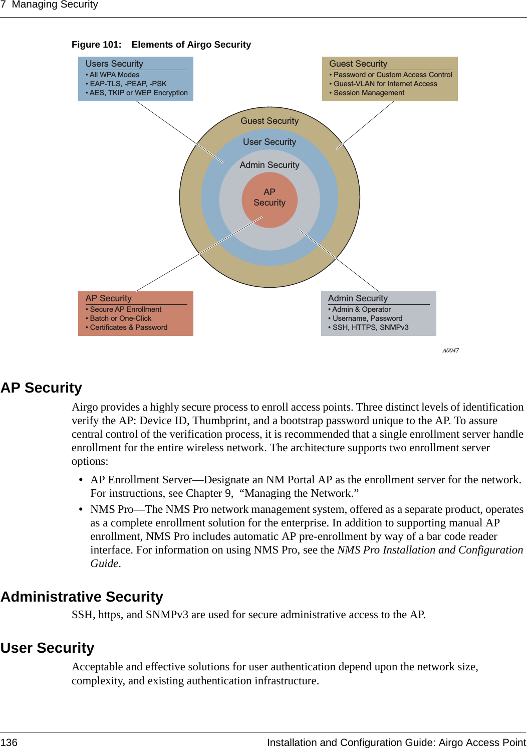 7 Managing Security136 Installation and Configuration Guide: Airgo Access PointFigure 101: Elements of Airgo Security AP SecurityAirgo provides a highly secure process to enroll access points. Three distinct levels of identification verify the AP: Device ID, Thumbprint, and a bootstrap password unique to the AP. To assure central control of the verification process, it is recommended that a single enrollment server handle enrollment for the entire wireless network. The architecture supports two enrollment server options:•AP Enrollment Server—Designate an NM Portal AP as the enrollment server for the network. For instructions, see Chapter 9,  “Managing the Network.”•NMS Pro—The NMS Pro network management system, offered as a separate product, operates as a complete enrollment solution for the enterprise. In addition to supporting manual AP enrollment, NMS Pro includes automatic AP pre-enrollment by way of a bar code reader interface. For information on using NMS Pro, see the NMS Pro Installation and Configuration Guide.Administrative SecuritySSH, https, and SNMPv3 are used for secure administrative access to the AP.User SecurityAcceptable and effective solutions for user authentication depend upon the network size, complexity, and existing authentication infrastructure. Users Security• All WPA Modes• EAP-TLS, -PEAP, -PSK• AES, TKIP or WEP EncryptionA0047AP Security• Secure AP Enrollment• Batch or One-Click• Certificates &amp; PasswordAdmin Security• Admin &amp; Operator• Username, Password• SSH, HTTPS, SNMPv3Guest Security• Password or Custom Access Control• Guest-VLAN for Internet Access• Session ManagementGuest SecurityUser SecurityAdmin SecurityAPSecurity