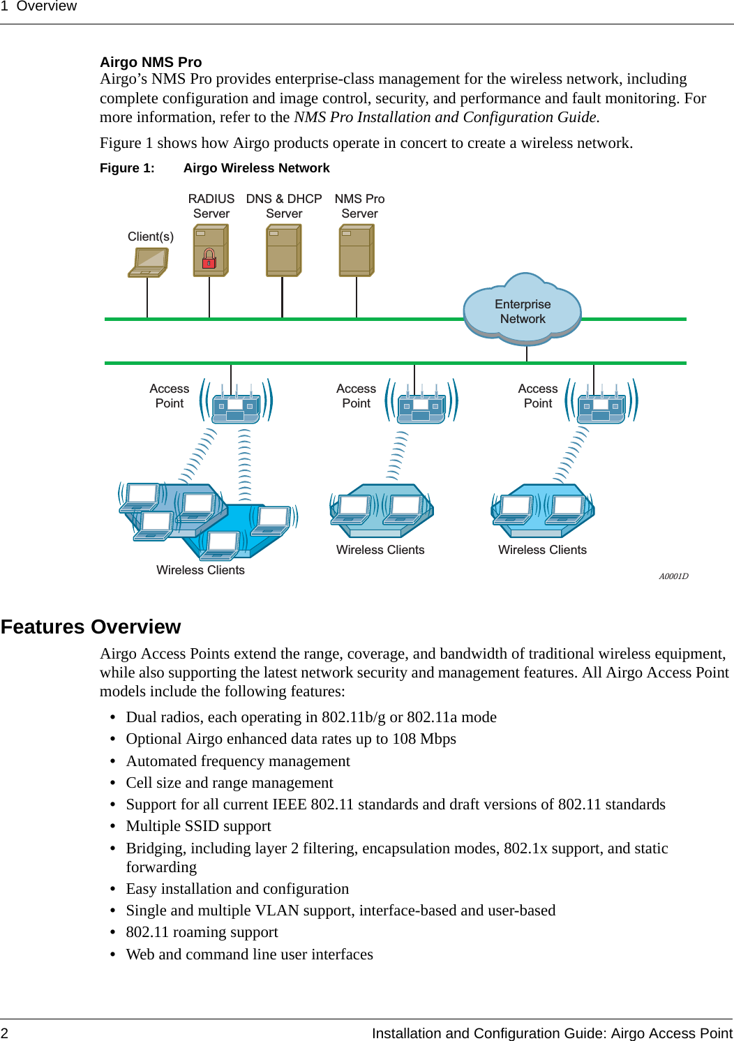 1 Overview2 Installation and Configuration Guide: Airgo Access PointAirgo NMS ProAirgo’s NMS Pro provides enterprise-class management for the wireless network, including complete configuration and image control, security, and performance and fault monitoring. For more information, refer to the NMS Pro Installation and Configuration Guide.Figure 1 shows how Airgo products operate in concert to create a wireless network. Figure 1: Airgo Wireless NetworkFeatures OverviewAirgo Access Points extend the range, coverage, and bandwidth of traditional wireless equipment, while also supporting the latest network security and management features. All Airgo Access Point models include the following features:•Dual radios, each operating in 802.11b/g or 802.11a mode•Optional Airgo enhanced data rates up to 108 Mbps•Automated frequency management•Cell size and range management•Support for all current IEEE 802.11 standards and draft versions of 802.11 standards•Multiple SSID support•Bridging, including layer 2 filtering, encapsulation modes, 802.1x support, and static forwarding•Easy installation and configuration•Single and multiple VLAN support, interface-based and user-based•802.11 roaming support•Web and command line user interfacesClient(s)DNS &amp; DHCPServerRADIUSServerAccessPointWireless ClientsWireless Clients Wireless ClientsAccessPointAccessPointEnterpriseNetworkA0001DNMS ProServer