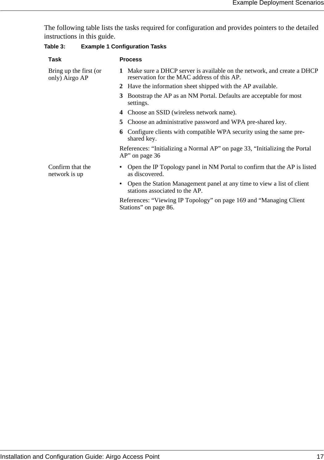 Example Deployment ScenariosInstallation and Configuration Guide: Airgo Access Point 17The following table lists the tasks required for configuration and provides pointers to the detailed instructions in this guide.Table 3: Example 1 Configuration Tasks Task ProcessBring up the first (or only) Airgo AP 1Make sure a DHCP server is available on the network, and create a DHCP reservation for the MAC address of this AP.2Have the information sheet shipped with the AP available.3Bootstrap the AP as an NM Portal. Defaults are acceptable for most settings. 4Choose an SSID (wireless network name).5Choose an administrative password and WPA pre-shared key.6Configure clients with compatible WPA security using the same pre-shared key.References: “Initializing a Normal AP” on page 33, “Initializing the Portal AP” on page 36Confirm that the network is up •Open the IP Topology panel in NM Portal to confirm that the AP is listed as discovered.•Open the Station Management panel at any time to view a list of client stations associated to the AP.References: “Viewing IP Topology” on page 169 and “Managing Client Stations” on page 86.