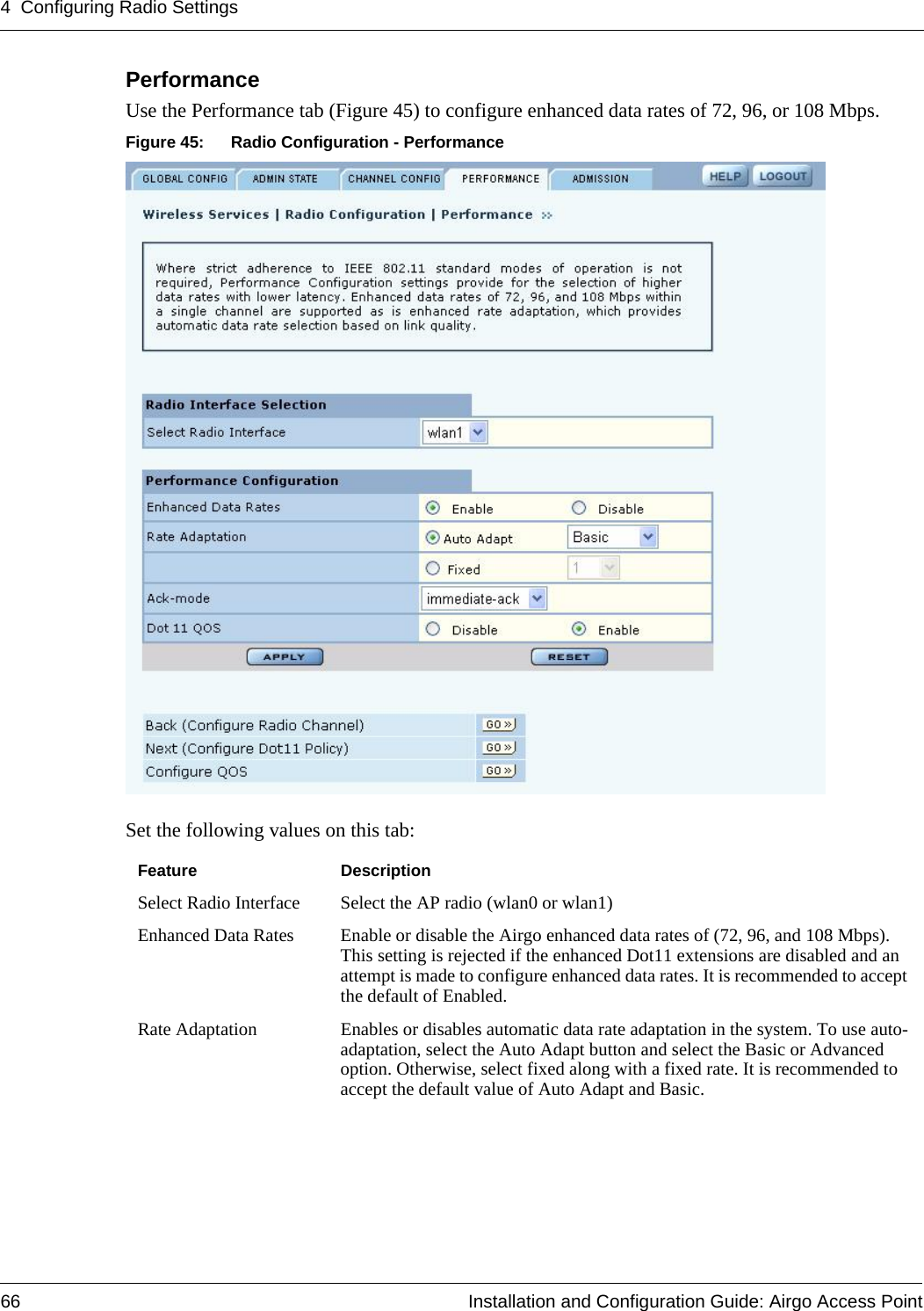 4 Configuring Radio Settings66 Installation and Configuration Guide: Airgo Access PointPerformance Use the Performance tab (Figure 45) to configure enhanced data rates of 72, 96, or 108 Mbps.Figure 45: Radio Configuration - PerformanceSet the following values on this tab:Feature DescriptionSelect Radio Interface Select the AP radio (wlan0 or wlan1)Enhanced Data Rates Enable or disable the Airgo enhanced data rates of (72, 96, and 108 Mbps). This setting is rejected if the enhanced Dot11 extensions are disabled and an attempt is made to configure enhanced data rates. It is recommended to accept the default of Enabled.Rate Adaptation Enables or disables automatic data rate adaptation in the system. To use auto-adaptation, select the Auto Adapt button and select the Basic or Advanced option. Otherwise, select fixed along with a fixed rate. It is recommended to accept the default value of Auto Adapt and Basic.