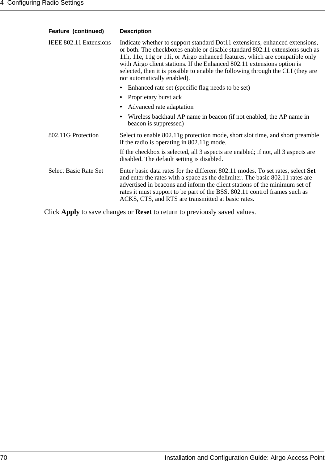 4 Configuring Radio Settings70 Installation and Configuration Guide: Airgo Access PointClick Apply to save changes or Reset to return to previously saved values.IEEE 802.11 Extensions  Indicate whether to support standard Dot11 extensions, enhanced extensions, or both. The checkboxes enable or disable standard 802.11 extensions such as 11h, 11e, 11g or 11i, or Airgo enhanced features, which are compatible only with Airgo client stations. If the Enhanced 802.11 extensions option is selected, then it is possible to enable the following through the CLI (they are not automatically enabled). •Enhanced rate set (specific flag needs to be set) •Proprietary burst ack •Advanced rate adaptation •Wireless backhaul AP name in beacon (if not enabled, the AP name in beacon is suppressed)802.11G Protection Select to enable 802.11g protection mode, short slot time, and short preamble if the radio is operating in 802.11g mode. If the checkbox is selected, all 3 aspects are enabled; if not, all 3 aspects are disabled. The default setting is disabled.Select Basic Rate Set Enter basic data rates for the different 802.11 modes. To set rates, select Set and enter the rates with a space as the delimiter. The basic 802.11 rates are advertised in beacons and inform the client stations of the minimum set of rates it must support to be part of the BSS. 802.11 control frames such as ACKS, CTS, and RTS are transmitted at basic rates.Feature  (continued) Description