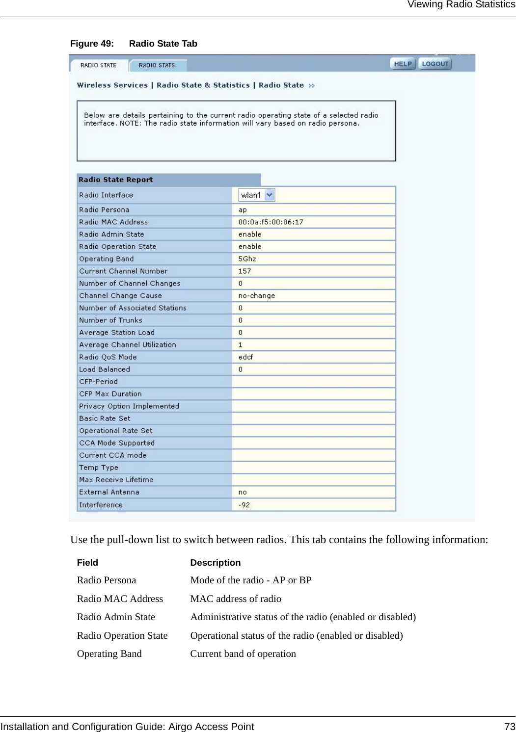 Viewing Radio StatisticsInstallation and Configuration Guide: Airgo Access Point 73Figure 49: Radio State TabUse the pull-down list to switch between radios. This tab contains the following information:Field DescriptionRadio Persona Mode of the radio - AP or BPRadio MAC Address MAC address of radioRadio Admin State Administrative status of the radio (enabled or disabled)Radio Operation State Operational status of the radio (enabled or disabled)Operating Band Current band of operation 