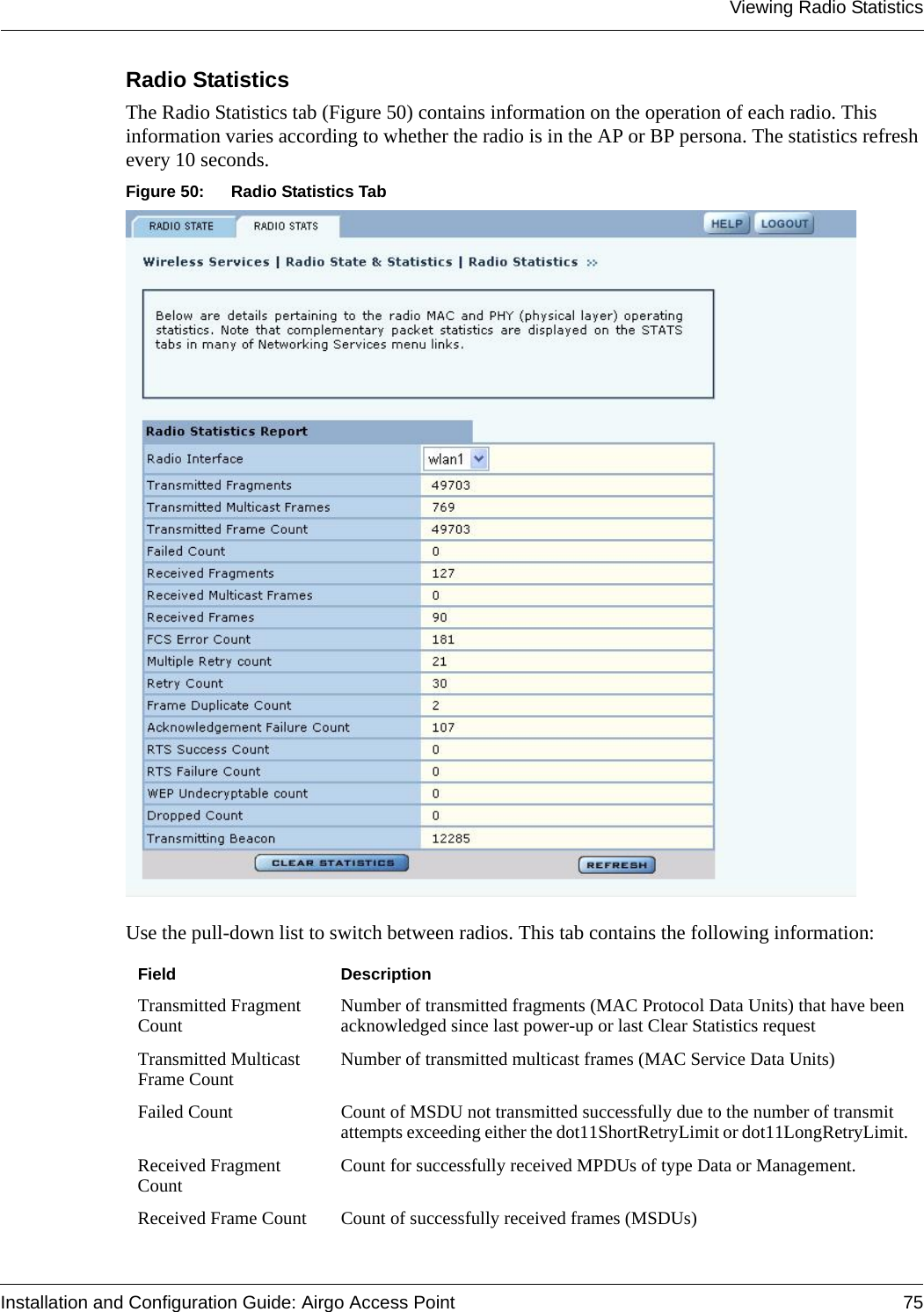 Viewing Radio StatisticsInstallation and Configuration Guide: Airgo Access Point 75Radio Statistics The Radio Statistics tab (Figure 50) contains information on the operation of each radio. This information varies according to whether the radio is in the AP or BP persona. The statistics refresh every 10 seconds. Figure 50: Radio Statistics TabUse the pull-down list to switch between radios. This tab contains the following information:Field DescriptionTransmitted Fragment Count Number of transmitted fragments (MAC Protocol Data Units) that have been acknowledged since last power-up or last Clear Statistics requestTransmitted Multicast Frame Count Number of transmitted multicast frames (MAC Service Data Units) Failed Count Count of MSDU not transmitted successfully due to the number of transmit attempts exceeding either the dot11ShortRetryLimit or dot11LongRetryLimit. Received Fragment Count Count for successfully received MPDUs of type Data or Management. Received Frame Count Count of successfully received frames (MSDUs) 