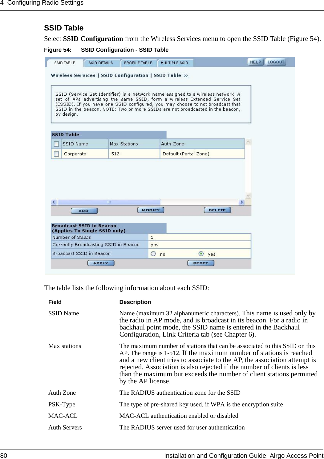 4 Configuring Radio Settings80 Installation and Configuration Guide: Airgo Access PointSSID Table Select SSID Configuration from the Wireless Services menu to open the SSID Table (Figure 54).Figure 54: SSID Configuration - SSID TableThe table lists the following information about each SSID:Field DescriptionSSID Name Name (maximum 32 alphanumeric characters). This name is used only by the radio in AP mode, and is broadcast in its beacon. For a radio in backhaul point mode, the SSID name is entered in the Backhaul Configuration, Link Criteria tab (see Chapter 6).Max stations The maximum number of stations that can be associated to this SSID on this AP. The range is 1-512. If the maximum number of stations is reached and a new client tries to associate to the AP, the association attempt is rejected. Association is also rejected if the number of clients is less than the maximum but exceeds the number of client stations permitted by the AP license.Auth Zone The RADIUS authentication zone for the SSIDPSK-Type The type of pre-shared key used, if WPA is the encryption suiteMAC-ACL MAC-ACL authentication enabled or disabledAuth Servers The RADIUS server used for user authentication