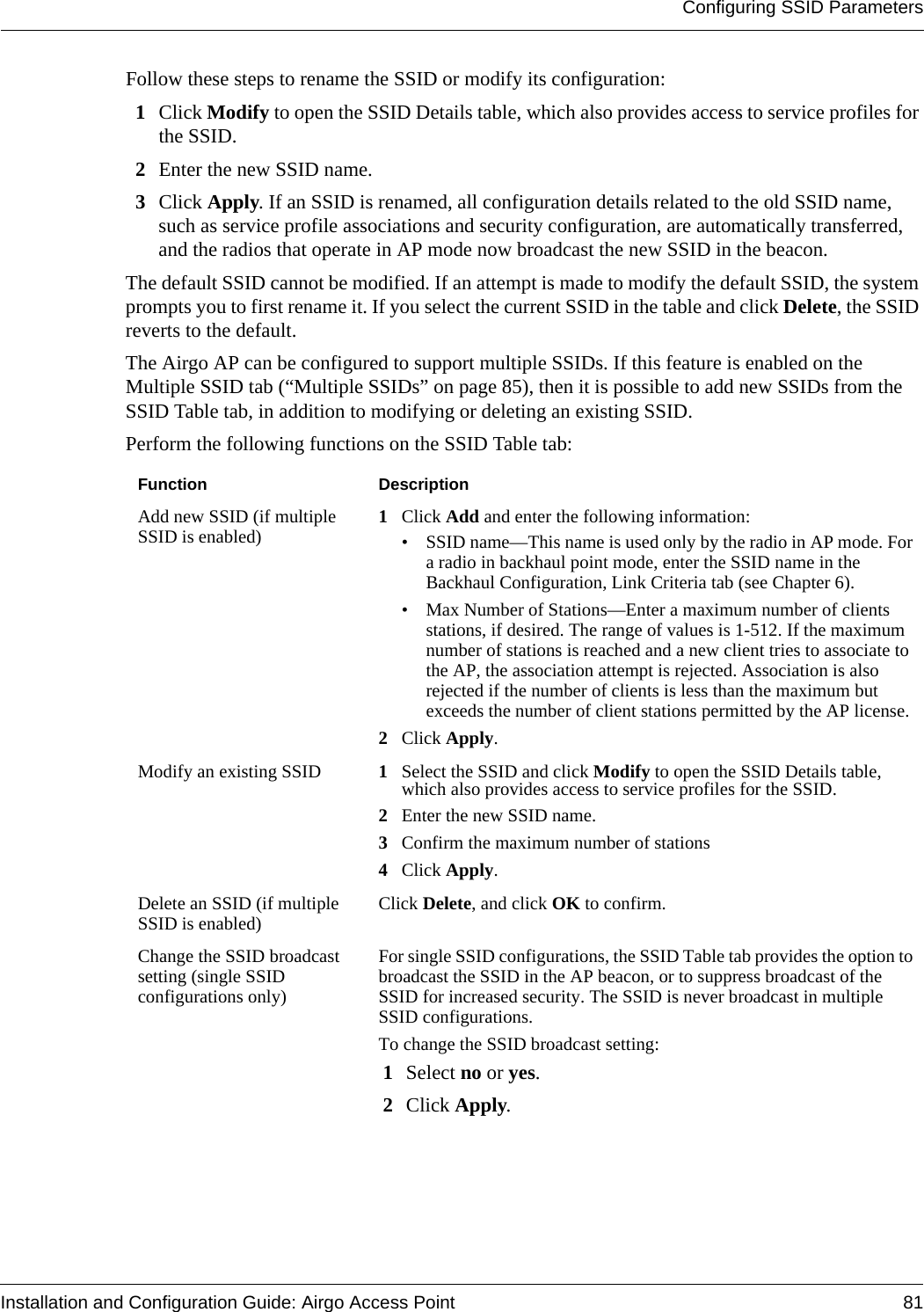 Configuring SSID ParametersInstallation and Configuration Guide: Airgo Access Point 81Follow these steps to rename the SSID or modify its configuration:1Click Modify to open the SSID Details table, which also provides access to service profiles for the SSID. 2Enter the new SSID name.3Click Apply. If an SSID is renamed, all configuration details related to the old SSID name, such as service profile associations and security configuration, are automatically transferred, and the radios that operate in AP mode now broadcast the new SSID in the beacon. The default SSID cannot be modified. If an attempt is made to modify the default SSID, the system prompts you to first rename it. If you select the current SSID in the table and click Delete, the SSID reverts to the default. The Airgo AP can be configured to support multiple SSIDs. If this feature is enabled on the Multiple SSID tab (“Multiple SSIDs” on page 85), then it is possible to add new SSIDs from the SSID Table tab, in addition to modifying or deleting an existing SSID. Perform the following functions on the SSID Table tab:Function DescriptionAdd new SSID (if multiple SSID is enabled)  1Click Add and enter the following information:• SSID name—This name is used only by the radio in AP mode. For a radio in backhaul point mode, enter the SSID name in the Backhaul Configuration, Link Criteria tab (see Chapter 6).• Max Number of Stations—Enter a maximum number of clients stations, if desired. The range of values is 1-512. If the maximum number of stations is reached and a new client tries to associate to the AP, the association attempt is rejected. Association is also rejected if the number of clients is less than the maximum but exceeds the number of client stations permitted by the AP license.2Click Apply.Modify an existing SSID 1Select the SSID and click Modify to open the SSID Details table, which also provides access to service profiles for the SSID.2Enter the new SSID name.3Confirm the maximum number of stations4Click Apply.Delete an SSID (if multiple SSID is enabled) Click Delete, and click OK to confirm.Change the SSID broadcast setting (single SSID configurations only)For single SSID configurations, the SSID Table tab provides the option to broadcast the SSID in the AP beacon, or to suppress broadcast of the SSID for increased security. The SSID is never broadcast in multiple SSID configurations.To change the SSID broadcast setting:1Select no or yes.2Click Apply.