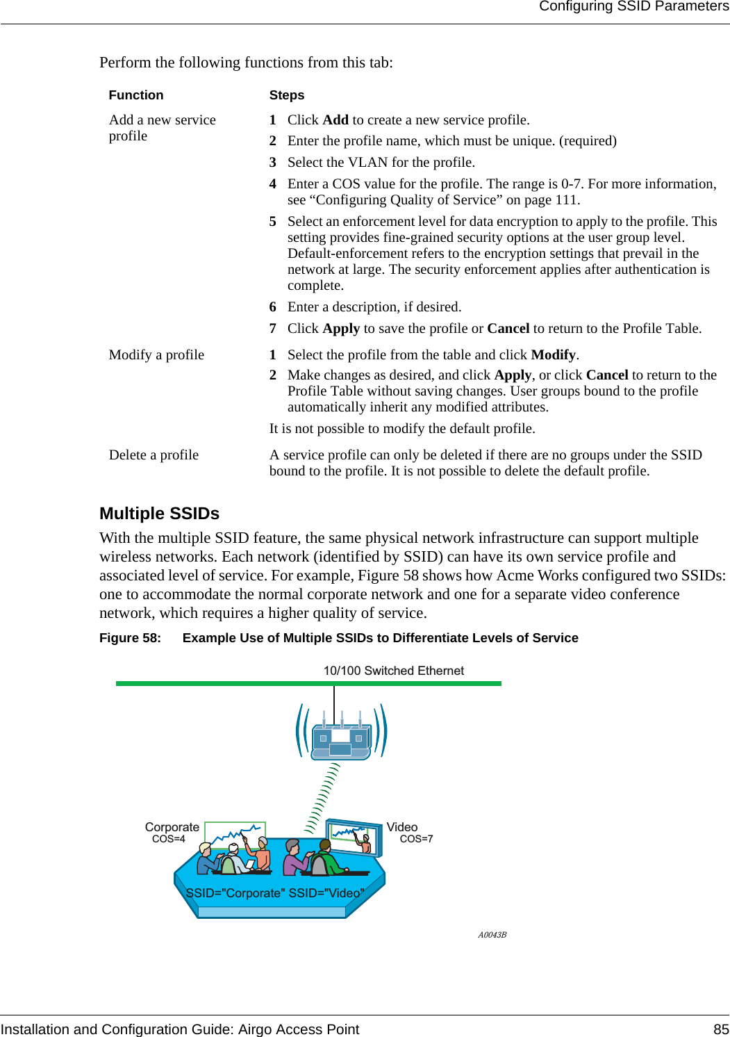 Configuring SSID ParametersInstallation and Configuration Guide: Airgo Access Point 85Perform the following functions from this tab:Multiple SSIDsWith the multiple SSID feature, the same physical network infrastructure can support multiple wireless networks. Each network (identified by SSID) can have its own service profile and associated level of service. For example, Figure 58 shows how Acme Works configured two SSIDs: one to accommodate the normal corporate network and one for a separate video conference network, which requires a higher quality of service. Figure 58: Example Use of Multiple SSIDs to Differentiate Levels of ServiceFunction StepsAdd a new service profile 1Click Add to create a new service profile.2Enter the profile name, which must be unique. (required)3Select the VLAN for the profile.4Enter a COS value for the profile. The range is 0-7. For more information, see “Configuring Quality of Service” on page 111.5Select an enforcement level for data encryption to apply to the profile. This setting provides fine-grained security options at the user group level. Default-enforcement refers to the encryption settings that prevail in the network at large. The security enforcement applies after authentication is complete.6Enter a description, if desired.7Click Apply to save the profile or Cancel to return to the Profile Table.Modify a profile 1Select the profile from the table and click Modify. 2Make changes as desired, and click Apply, or click Cancel to return to the Profile Table without saving changes. User groups bound to the profile automatically inherit any modified attributes.It is not possible to modify the default profile.Delete a profile A service profile can only be deleted if there are no groups under the SSID bound to the profile. It is not possible to delete the default profile.A0043BSSID=&quot;Corporate&quot; SSID=&quot;Video&quot;10/100 Switched EthernetCorporate VideoCOS=7COS=4