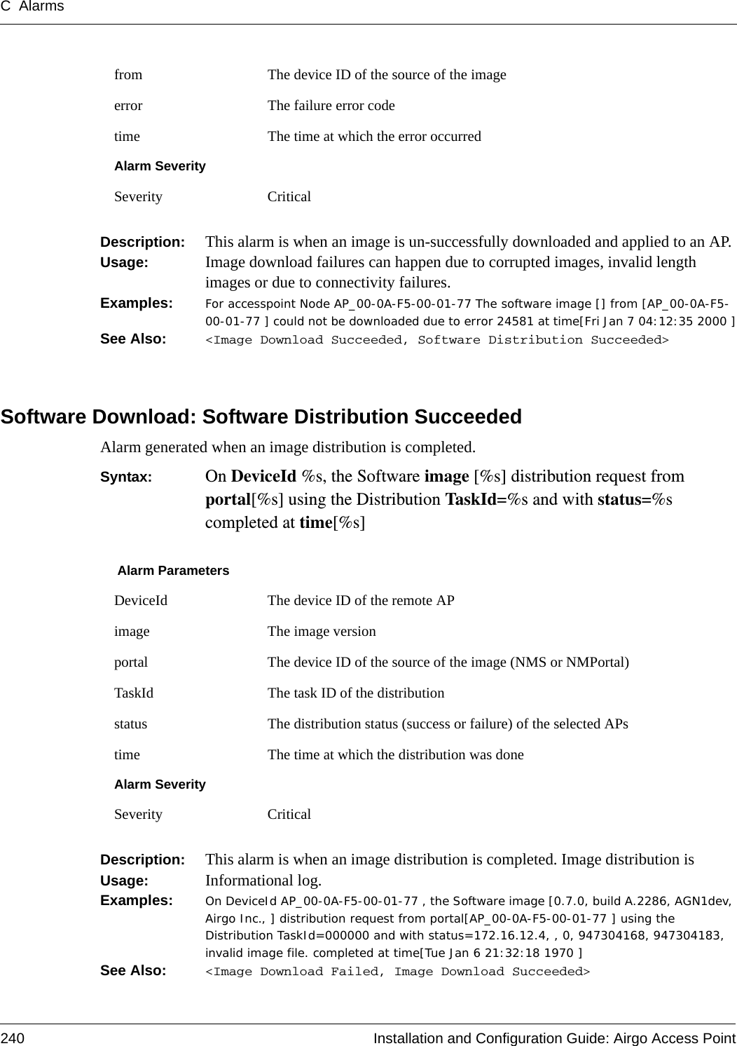 C Alarms240 Installation and Configuration Guide: Airgo Access PointDescription:  This alarm is when an image is un-successfully downloaded and applied to an AP.Usage:  Image download failures can happen due to corrupted images, invalid length images or due to connectivity failures. Examples: For accesspoint Node AP_00-0A-F5-00-01-77 The software image [] from [AP_00-0A-F5-00-01-77 ] could not be downloaded due to error 24581 at time[Fri Jan 7 04:12:35 2000 ]See Also:  &lt;Image Download Succeeded, Software Distribution Succeeded&gt;Software Download: Software Distribution SucceededAlarm generated when an image distribution is completed.Syntax:  On DeviceId %s, the Software image [%s] distribution request from portal[%s] using the Distribution TaskId=%s and with status=%s completed at time[%s]Description:  This alarm is when an image distribution is completed. Image distribution is Usage:  Informational log.Examples: On DeviceId AP_00-0A-F5-00-01-77 , the Software image [0.7.0, build A.2286, AGN1dev, Airgo Inc., ] distribution request from portal[AP_00-0A-F5-00-01-77 ] using the Distribution TaskId=000000 and with status=172.16.12.4, , 0, 947304168, 947304183, invalid image file. completed at time[Tue Jan 6 21:32:18 1970 ]See Also:  &lt;Image Download Failed, Image Download Succeeded&gt;from The device ID of the source of the imageerror The failure error codetime The time at which the error occurredAlarm SeveritySeverity CriticalAlarm ParametersDeviceId The device ID of the remote APimage The image versionportal The device ID of the source of the image (NMS or NMPortal)TaskId The task ID of the distributionstatus The distribution status (success or failure) of the selected APstime The time at which the distribution was doneAlarm SeveritySeverity Critical