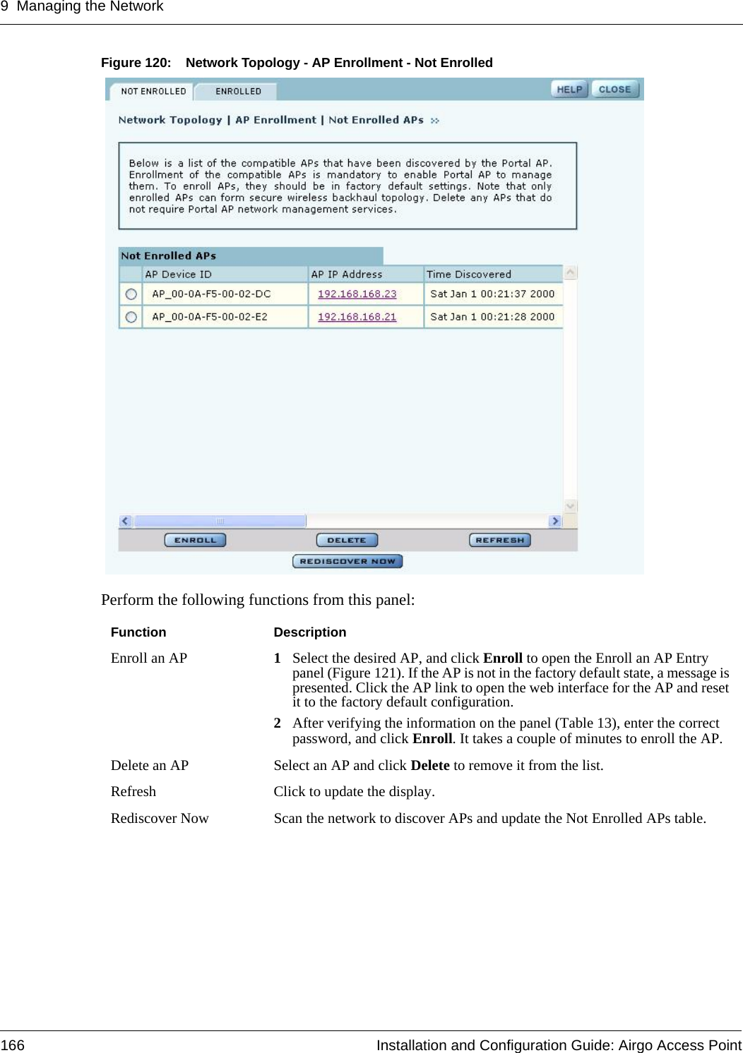 9 Managing the Network166 Installation and Configuration Guide: Airgo Access PointFigure 120: Network Topology - AP Enrollment - Not EnrolledPerform the following functions from this panel:Function DescriptionEnroll an AP 1Select the desired AP, and click Enroll to open the Enroll an AP Entry panel (Figure 121). If the AP is not in the factory default state, a message is presented. Click the AP link to open the web interface for the AP and reset it to the factory default configuration.2After verifying the information on the panel (Table 13), enter the correct password, and click Enroll. It takes a couple of minutes to enroll the AP. Delete an AP Select an AP and click Delete to remove it from the list.Refresh Click to update the display.Rediscover Now Scan the network to discover APs and update the Not Enrolled APs table.