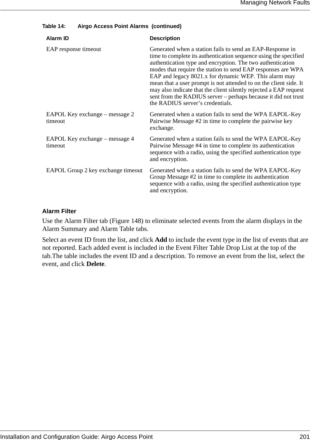 Managing Network FaultsInstallation and Configuration Guide: Airgo Access Point 201Alarm FilterUse the Alarm Filter tab (Figure 148) to eliminate selected events from the alarm displays in the Alarm Summary and Alarm Table tabs. Select an event ID from the list, and click Add to include the event type in the list of events that are not reported. Each added event is included in the Event Filter Table Drop List at the top of the tab.The table includes the event ID and a description. To remove an event from the list, select the event, and click Delete.EAP response timeout Generated when a station fails to send an EAP-Response in time to complete its authentication sequence using the specified authentication type and encryption. The two authentication modes that require the station to send EAP responses are WPA EAP and legacy 8021.x for dynamic WEP. This alarm may mean that a user prompt is not attended to on the client side. It may also indicate that the client silently rejected a EAP request sent from the RADIUS server – perhaps because it did not trust the RADIUS server’s credentials.EAPOL Key exchange – message 2 timeout Generated when a station fails to send the WPA EAPOL-Key Pairwise Message #2 in time to complete the pairwise key exchange.EAPOL Key exchange – message 4 timeout Generated when a station fails to send the WPA EAPOL-Key Pairwise Message #4 in time to complete its authentication sequence with a radio, using the specified authentication type and encryption.EAPOL Group 2 key exchange timeout Generated when a station fails to send the WPA EAPOL-Key Group Message #2 in time to complete its authentication sequence with a radio, using the specified authentication type and encryption.Table 14: Airgo Access Point Alarms  (continued)Alarm ID Description